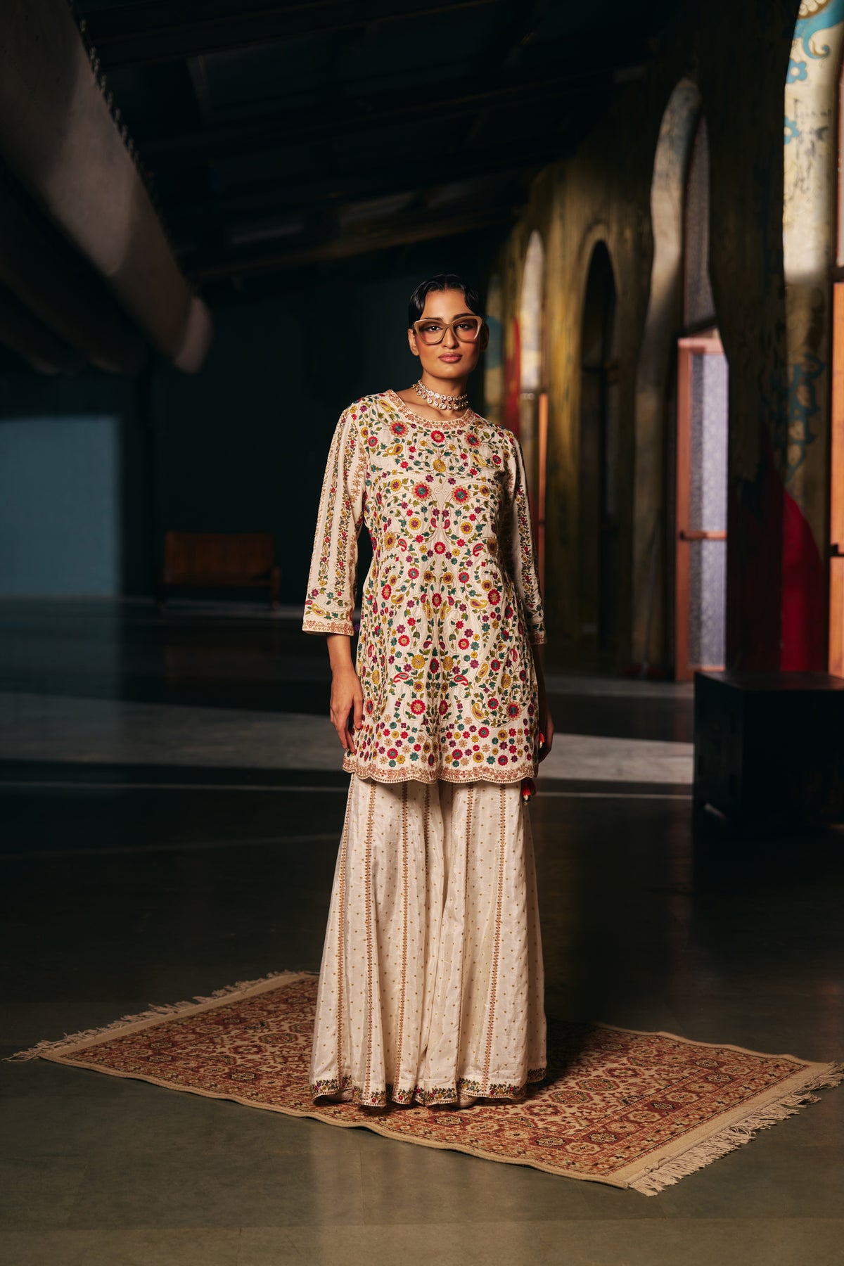 Ivory Silk Embroidered Kurta Set with Floral Resham Work and Sharara