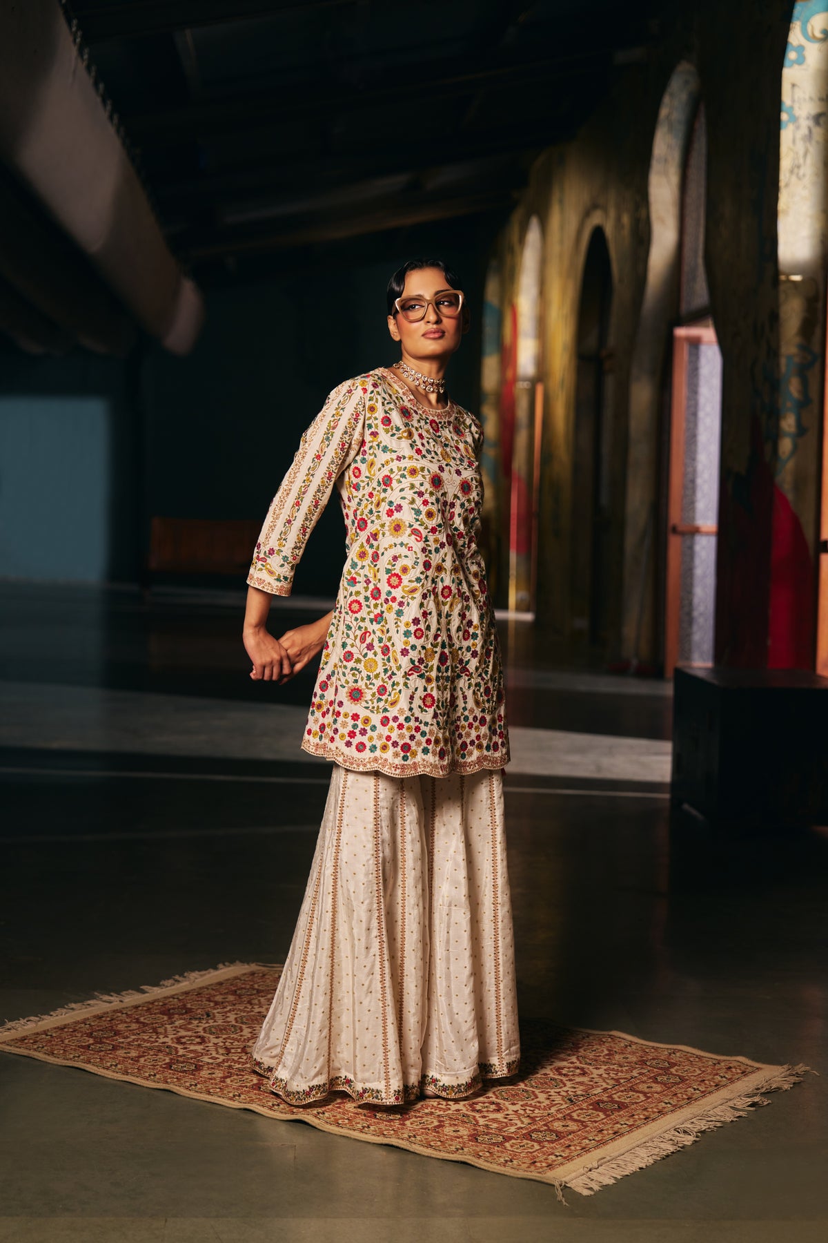 Ivory Silk Embroidered Kurta Set with Floral Resham Work and Sharara