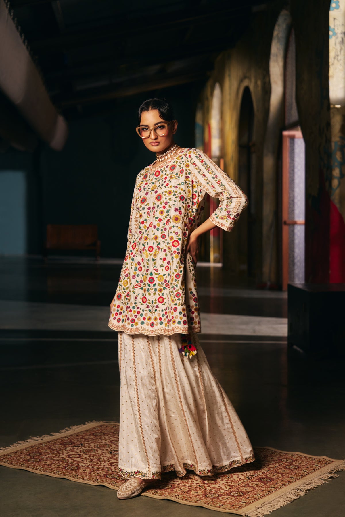 Ivory Silk Embroidered Kurta Set with Floral Resham Work and Sharara