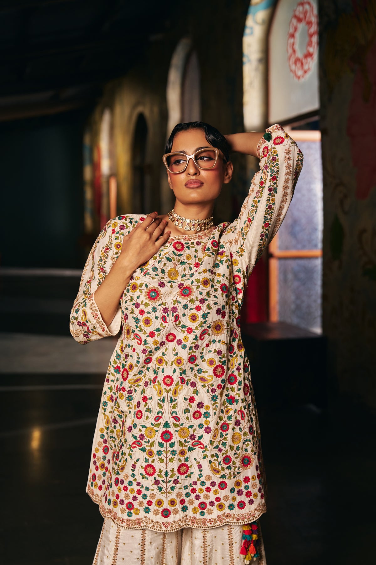 Ivory Silk Embroidered Kurta Set with Floral Resham Work and Sharara