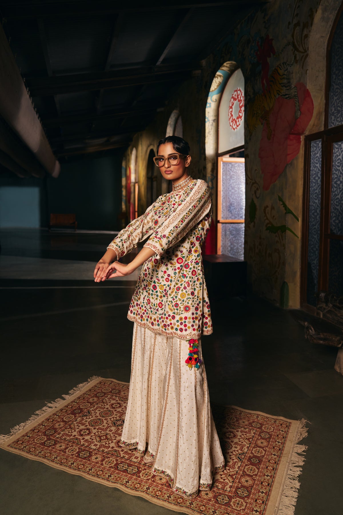 Ivory Silk Embroidered Kurta Set with Floral Resham Work and Sharara