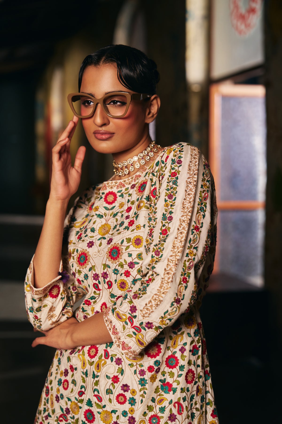Ivory Silk Embroidered Kurta Set with Floral Resham Work and Sharara