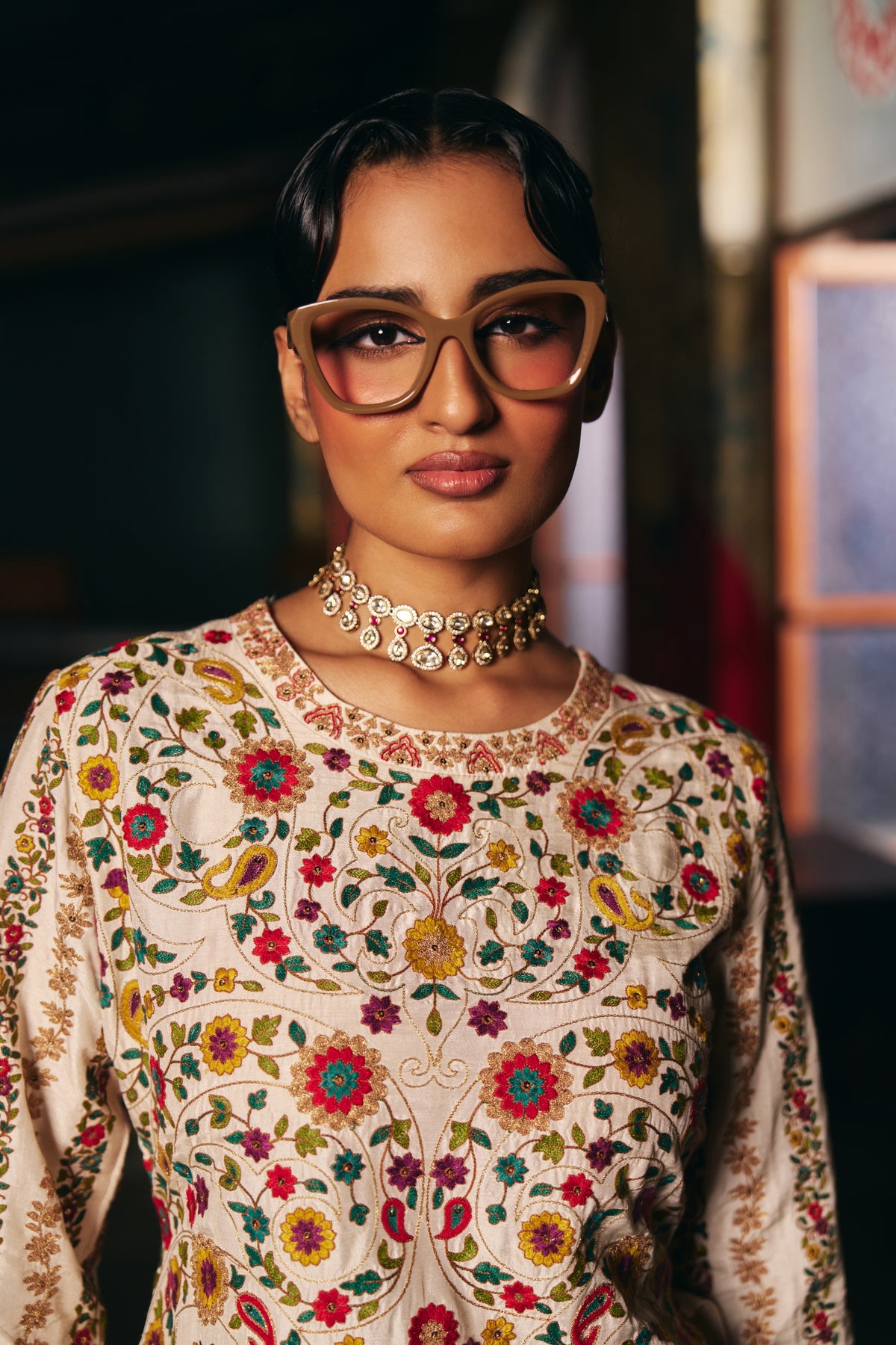 Ivory Silk Embroidered Kurta Set with Floral Resham Work and Sharara