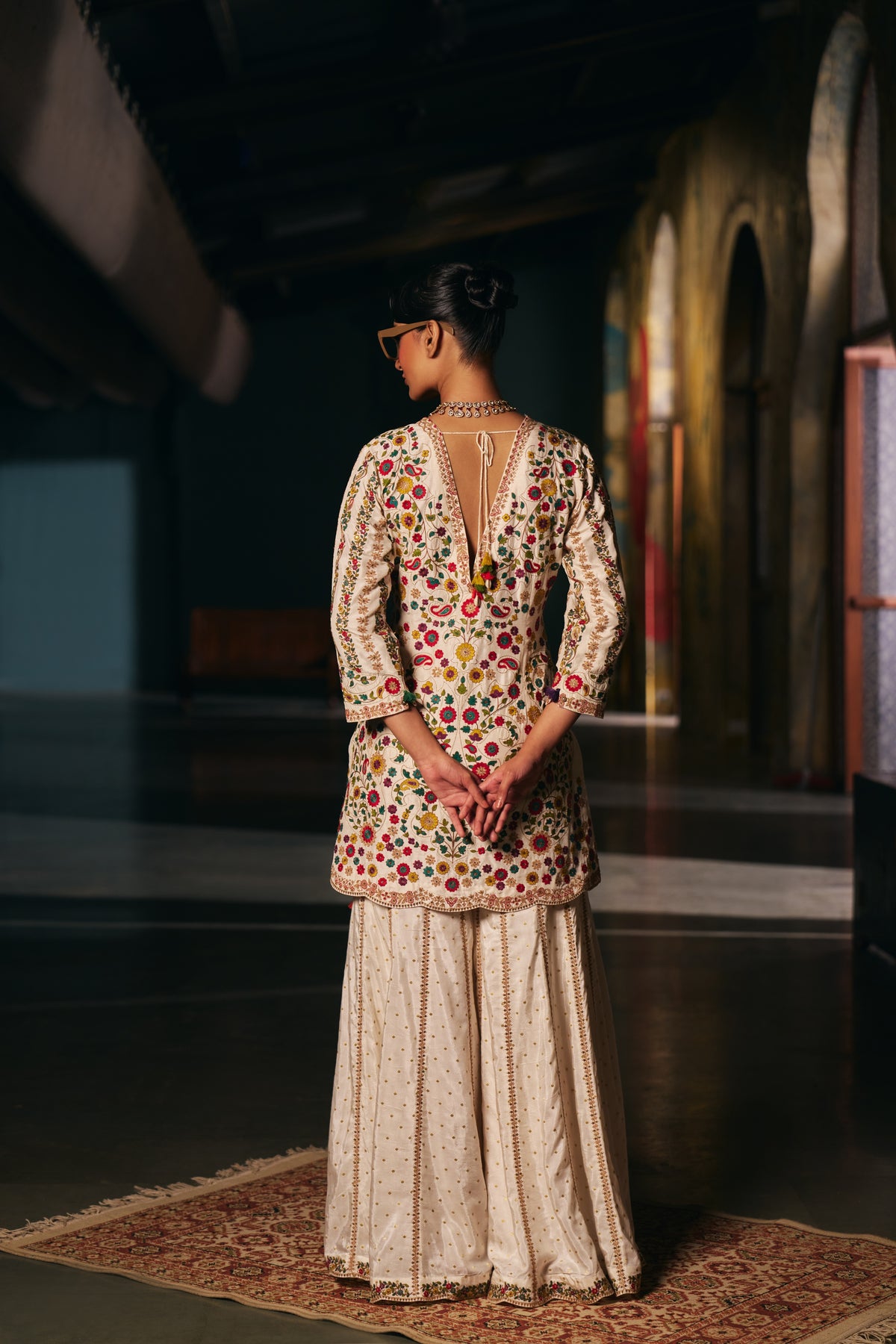 Ivory Silk Embroidered Kurta Set with Floral Resham Work and Sharara