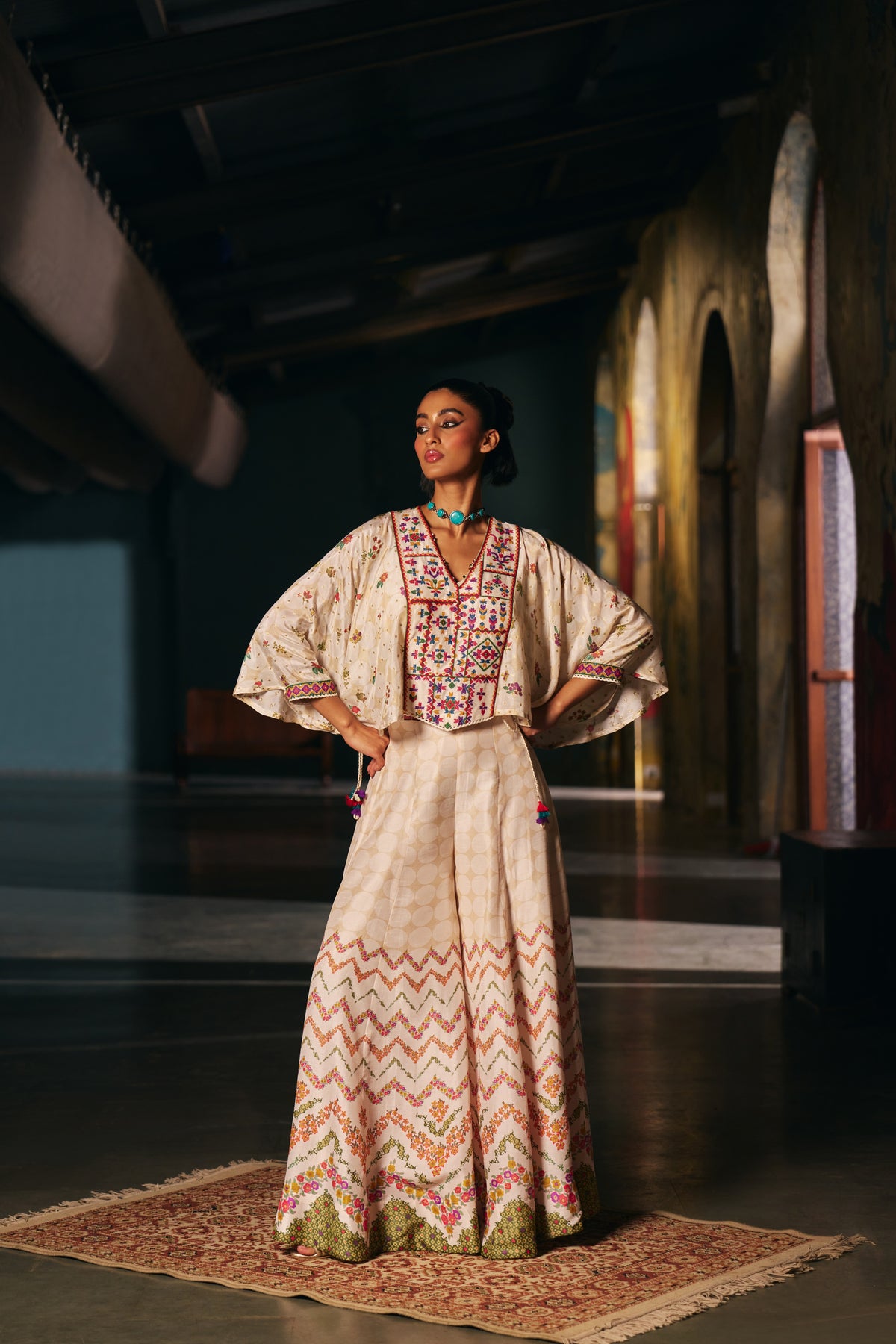 Ivory Silk Kaftan Top with Geometric Yoke Embroidery and Printed Palazzo