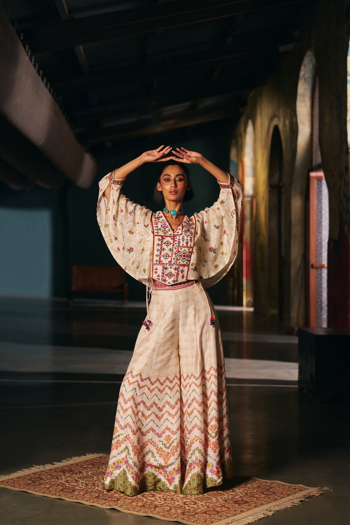 Ivory Silk Kaftan Top with Geometric Yoke Embroidery and Printed Palazzo