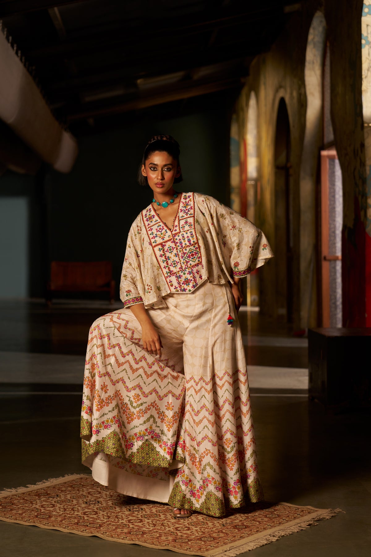Ivory Silk Kaftan Top with Geometric Yoke Embroidery and Printed Palazzo