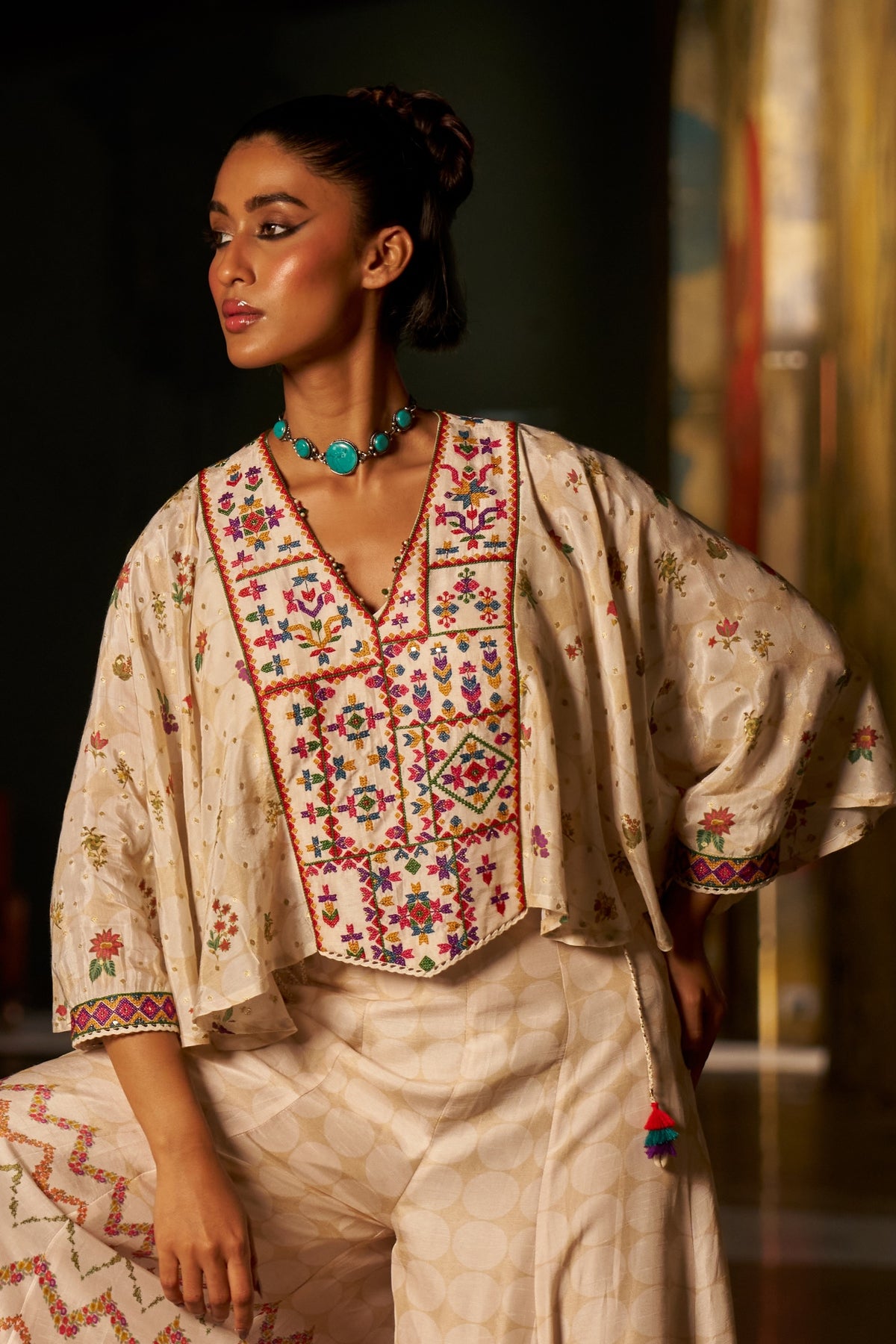 Ivory Silk Kaftan Top with Geometric Yoke Embroidery and Printed Palazzo