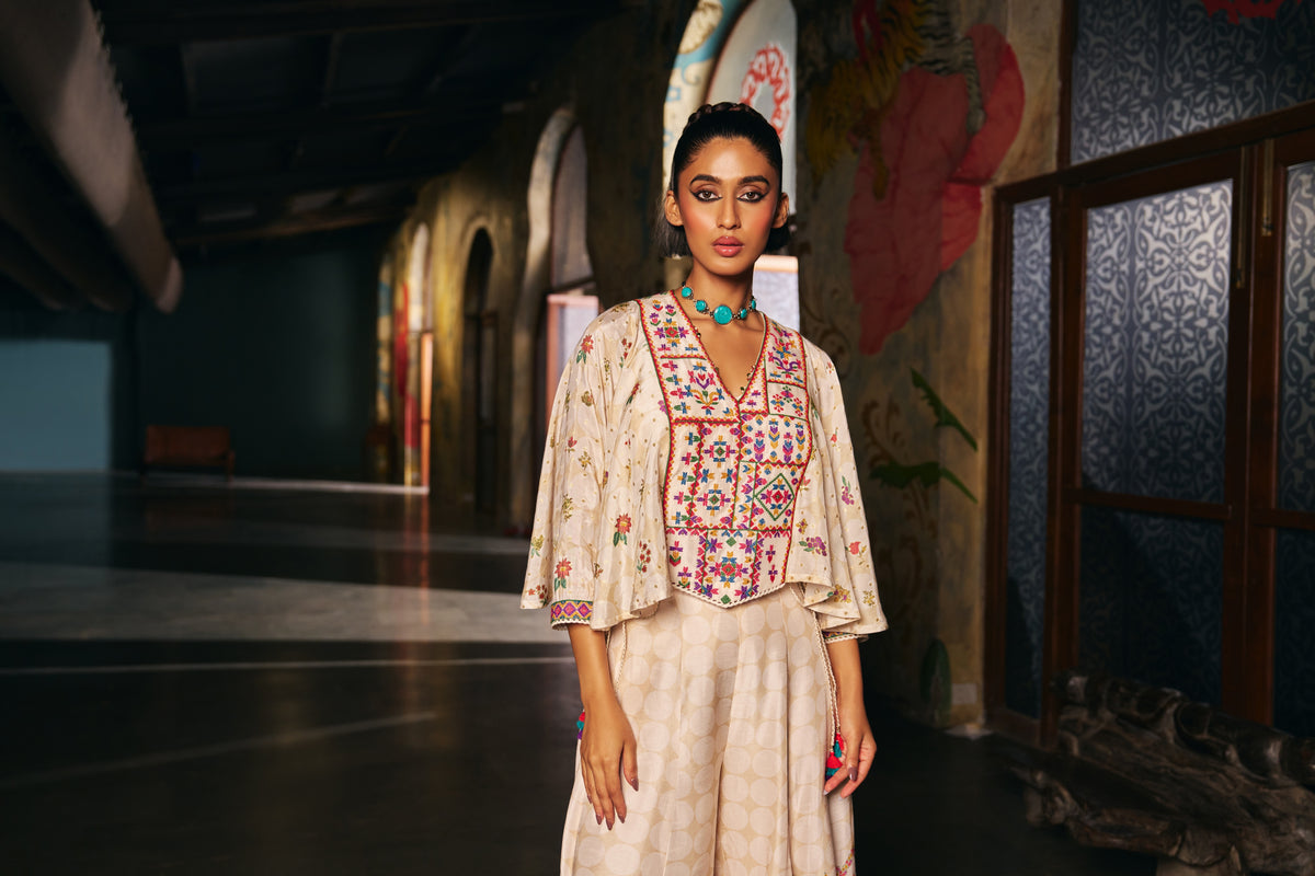 Ivory Silk Kaftan Top with Geometric Yoke Embroidery and Printed Palazzo