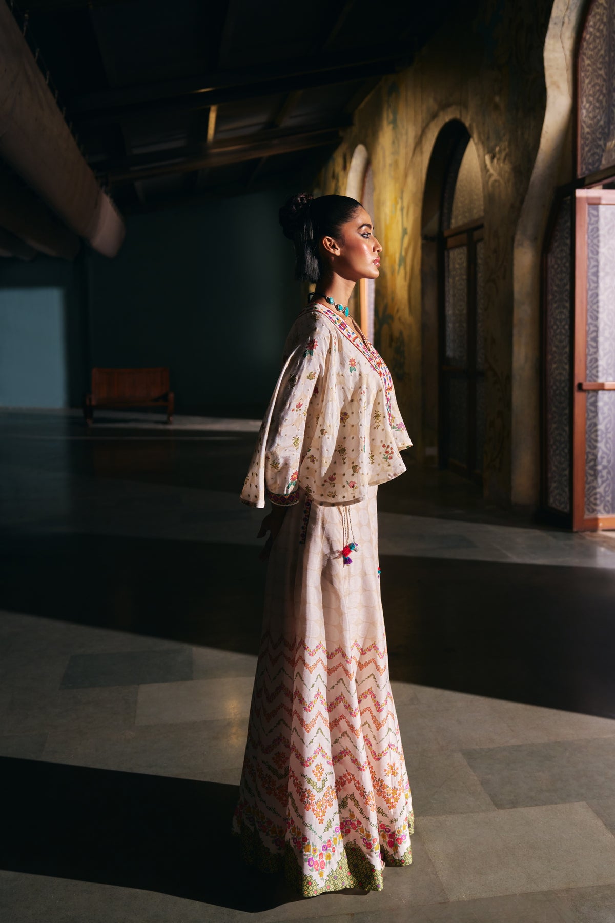 Ivory Silk Kaftan Top with Geometric Yoke Embroidery and Printed Palazzo