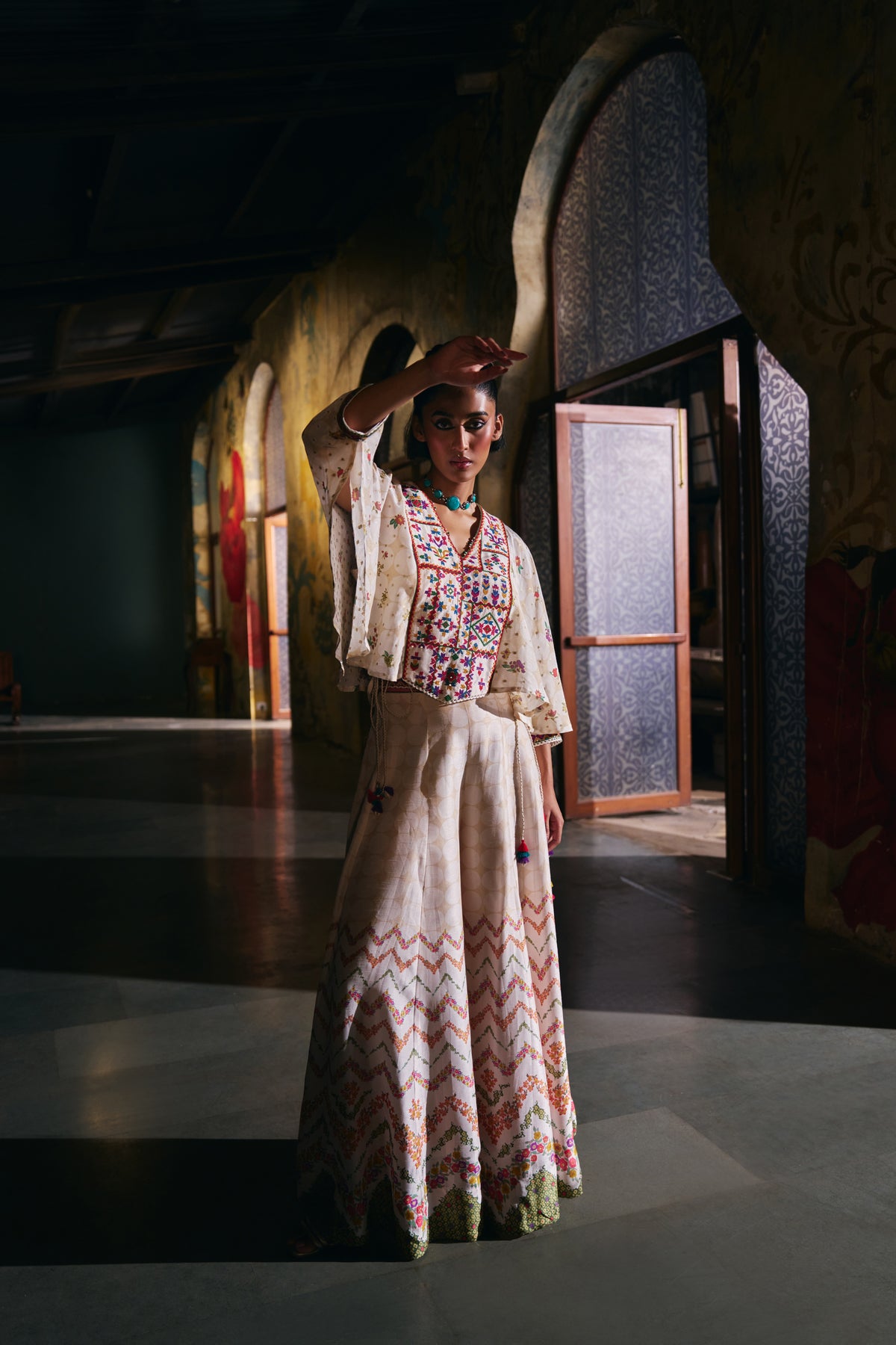Ivory Silk Kaftan Top with Geometric Yoke Embroidery and Printed Palazzo