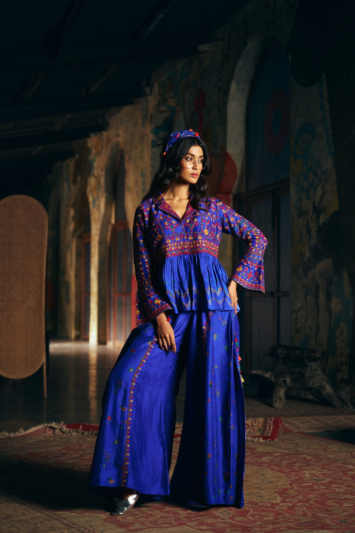 Royal Blue Silk Embroidered Peplum Jacket Set with Wide-Leg Palazzo