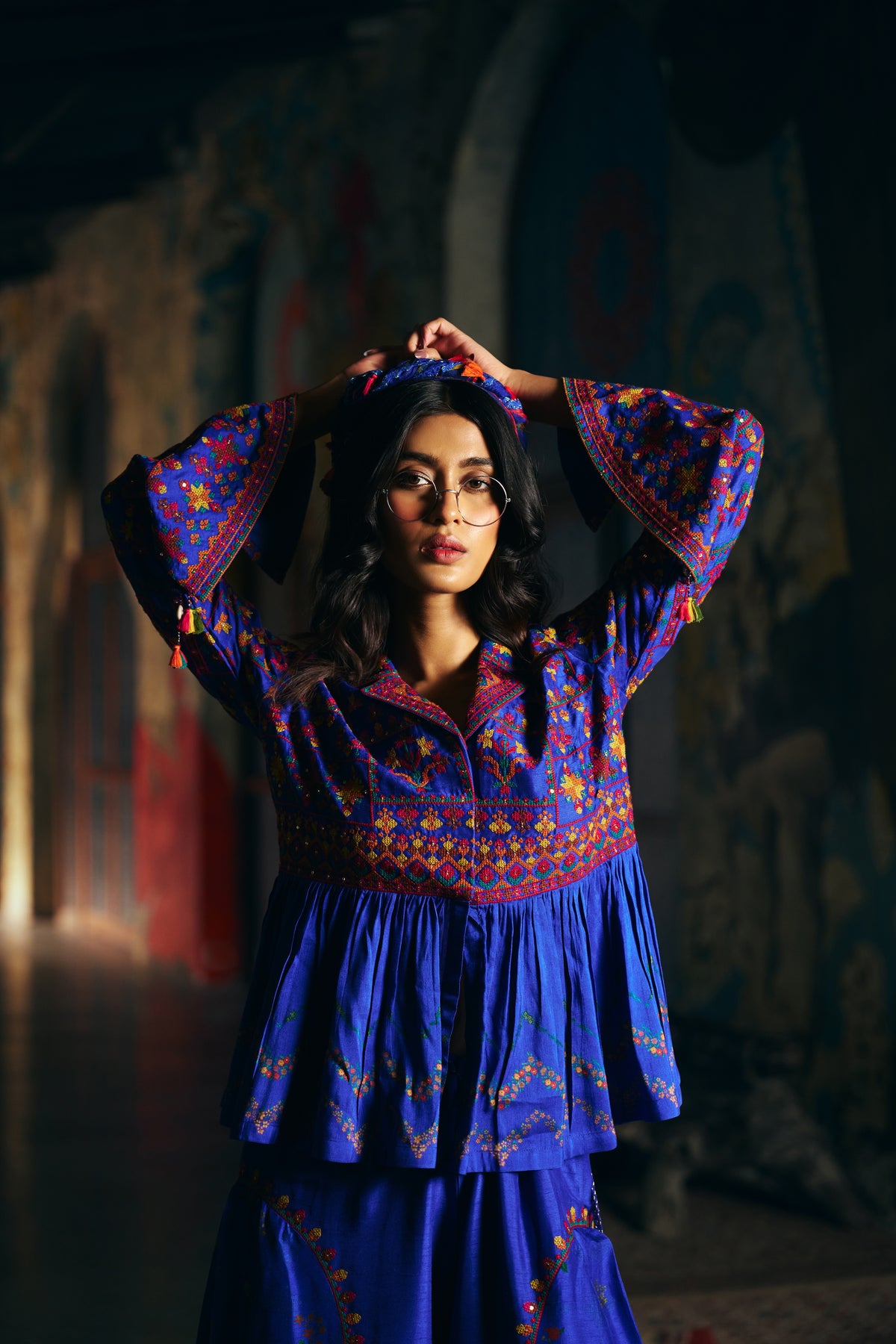 Royal Blue Silk Embroidered Peplum Jacket Set with Wide-Leg Palazzo