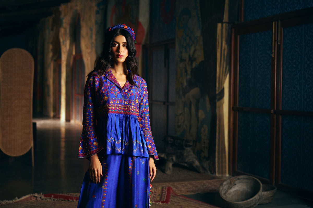 Royal Blue Silk Embroidered Peplum Jacket Set with Wide-Leg Palazzo
