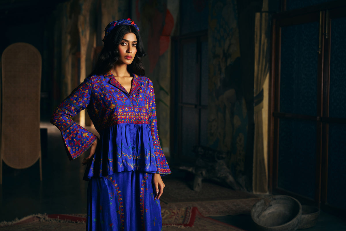 Royal Blue Silk Embroidered Peplum Jacket Set with Wide-Leg Palazzo