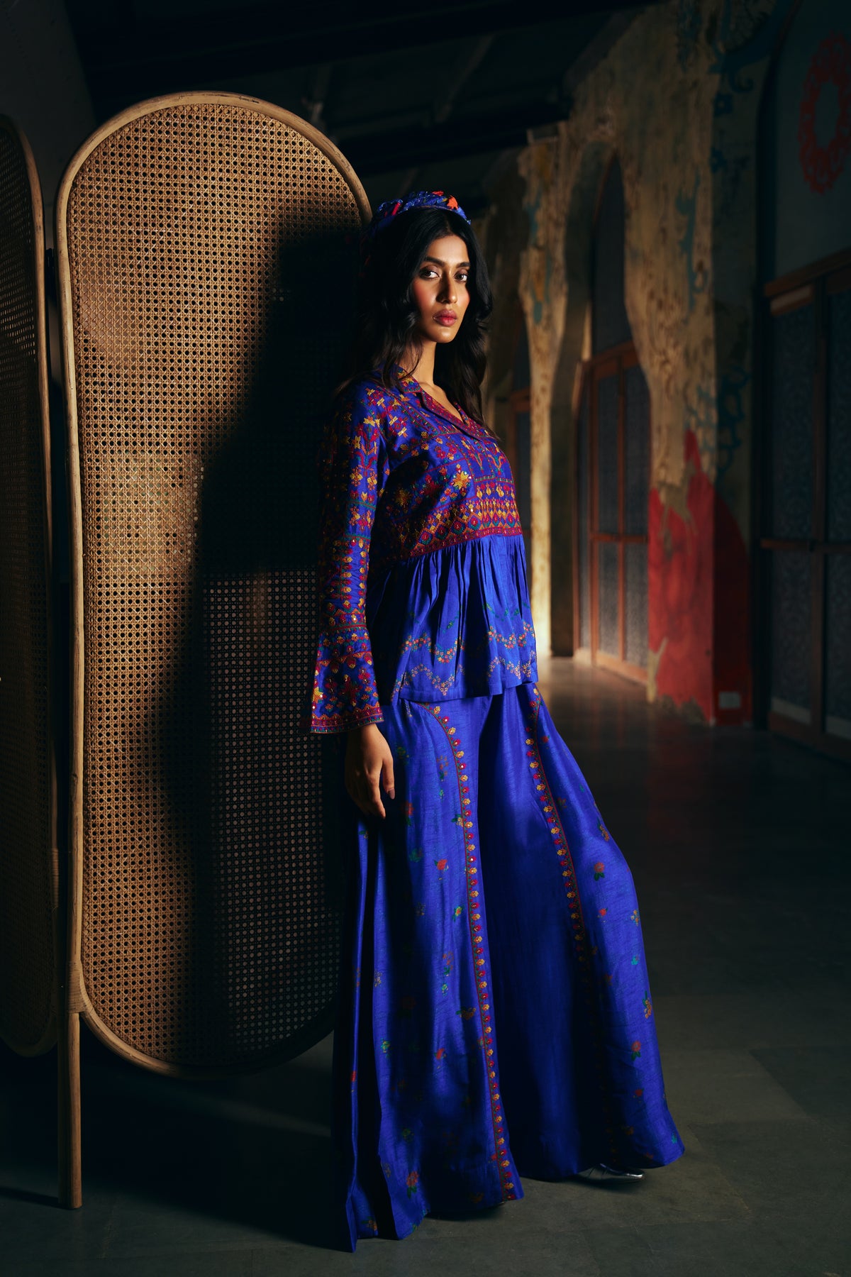 Royal Blue Silk Embroidered Peplum Jacket Set with Wide-Leg Palazzo