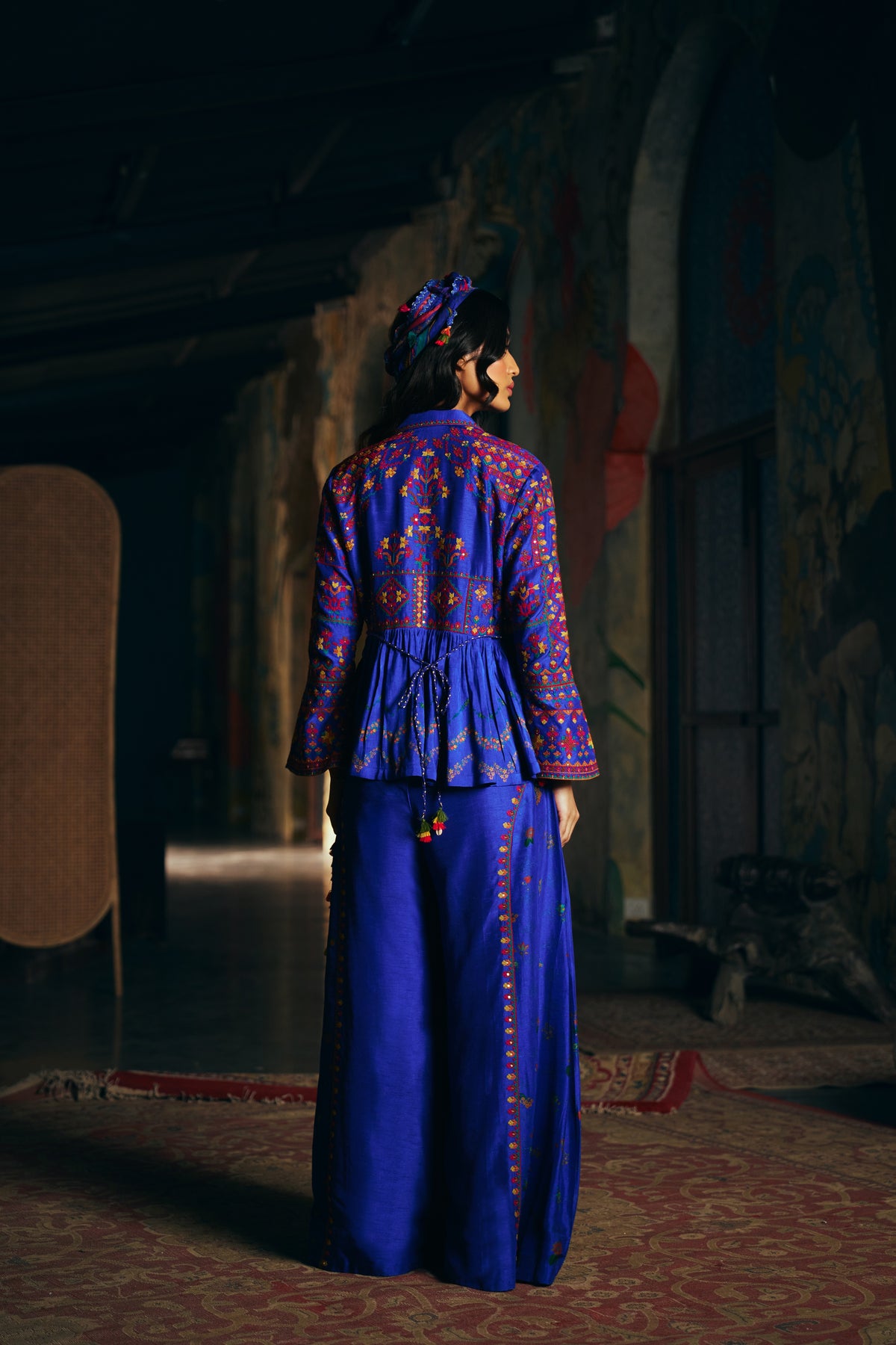 Royal Blue Silk Embroidered Peplum Jacket Set with Wide-Leg Palazzo