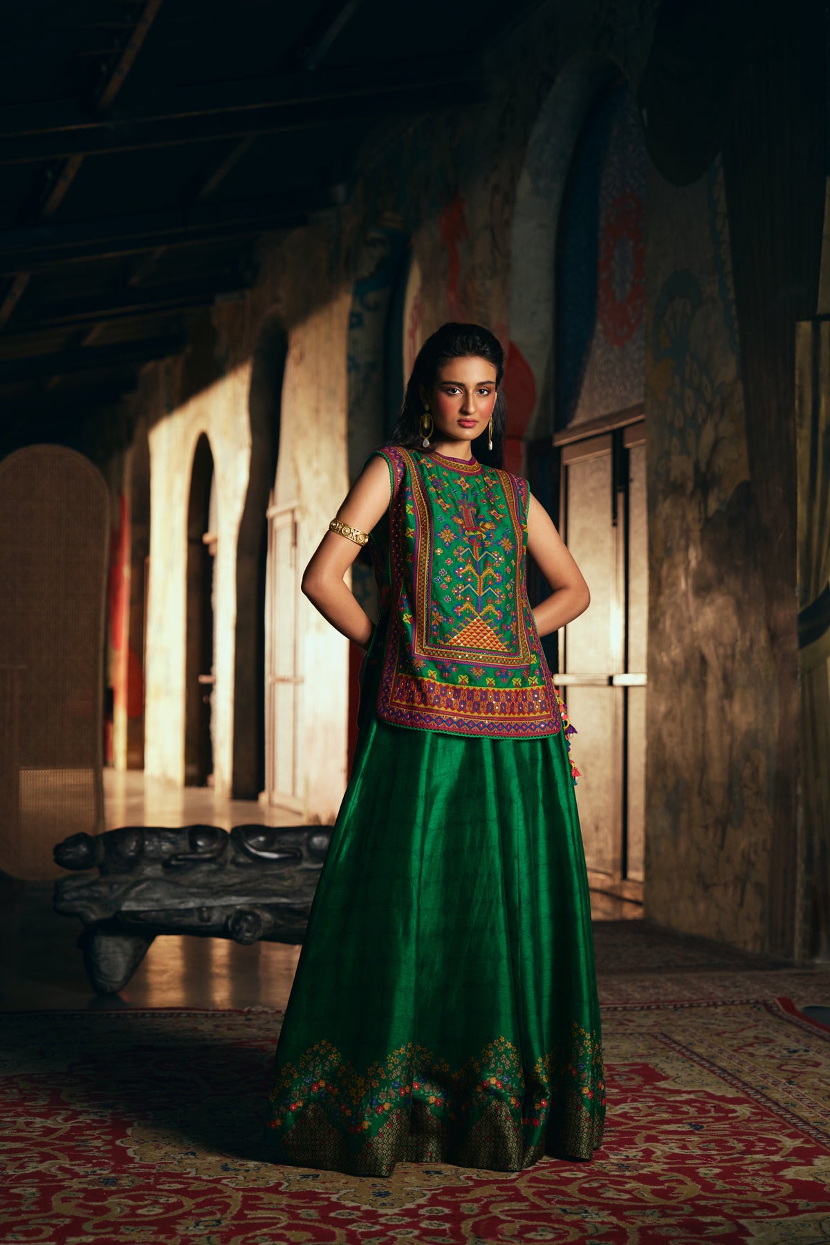 Emerald Green Silk Embroidered Sleeveless Top with Flared Skirt