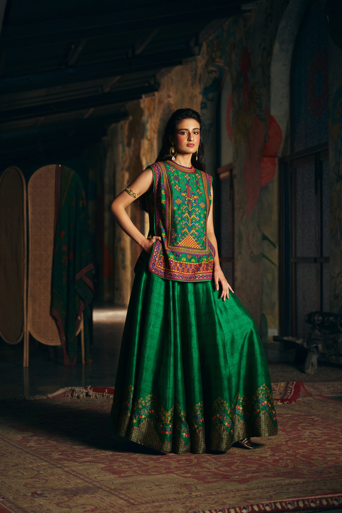 Emerald Green Silk Embroidered Sleeveless Top with Flared Skirt