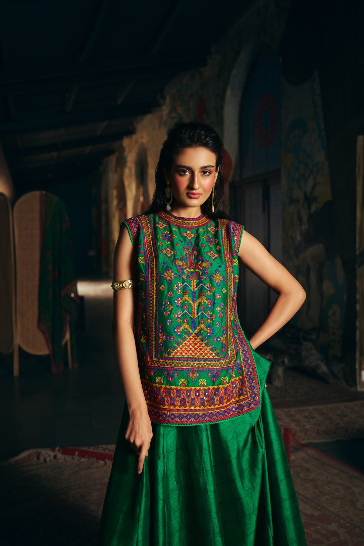 Emerald Green Silk Embroidered Sleeveless Top with Flared Skirt