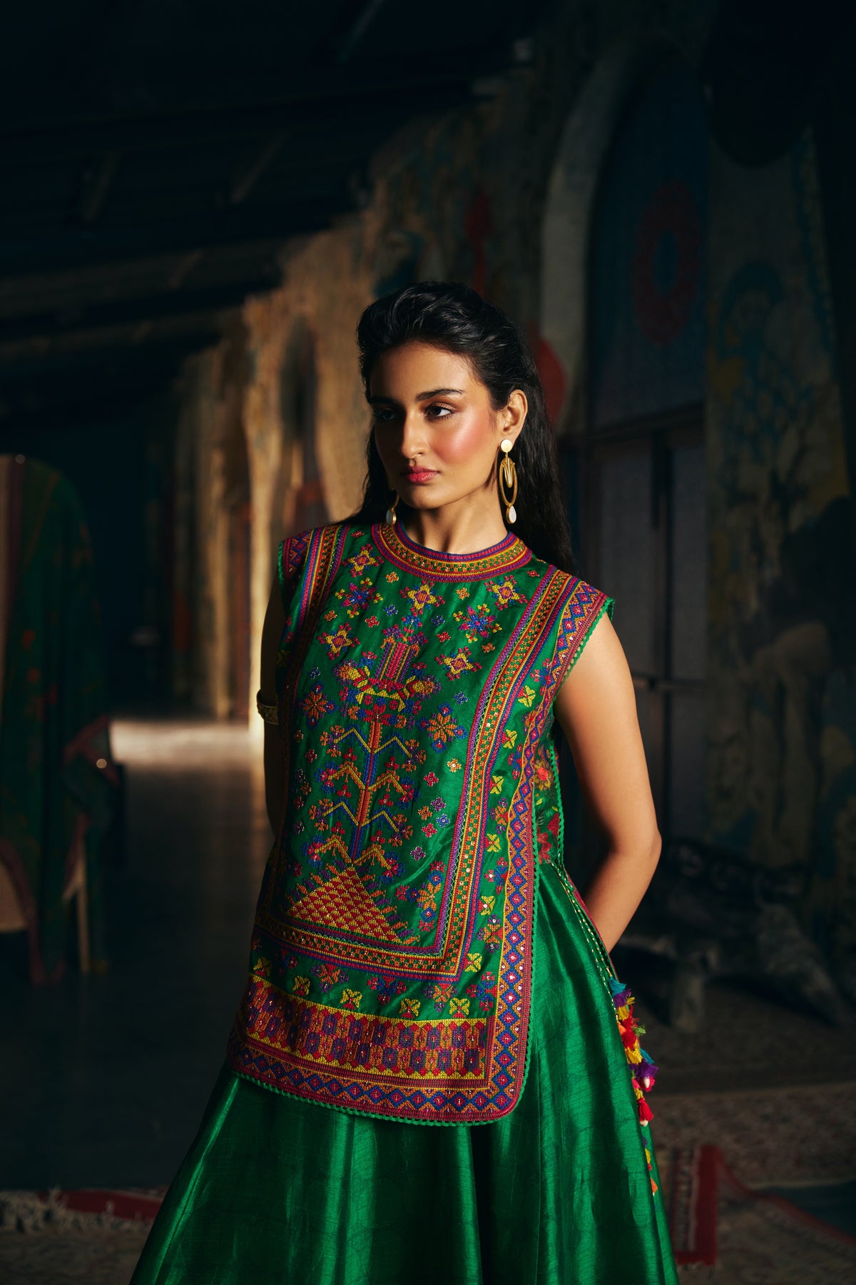 Emerald Green Silk Embroidered Sleeveless Top with Flared Skirt