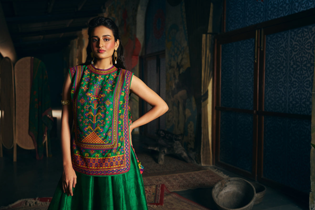 Emerald Green Silk Embroidered Sleeveless Top with Flared Skirt