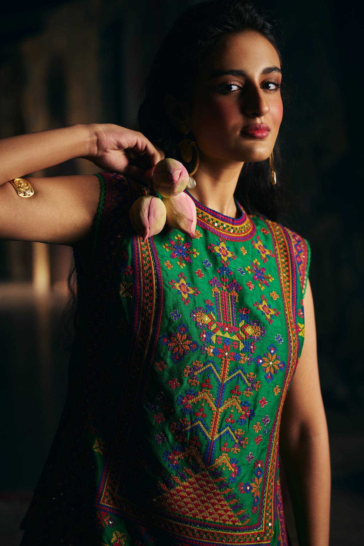 Emerald Green Silk Embroidered Sleeveless Top with Flared Skirt