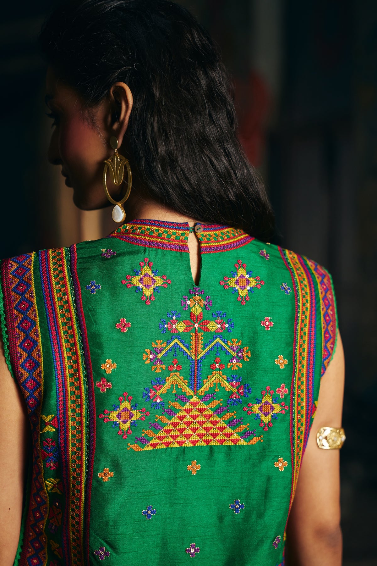 Emerald Green Silk Embroidered Sleeveless Top with Flared Skirt