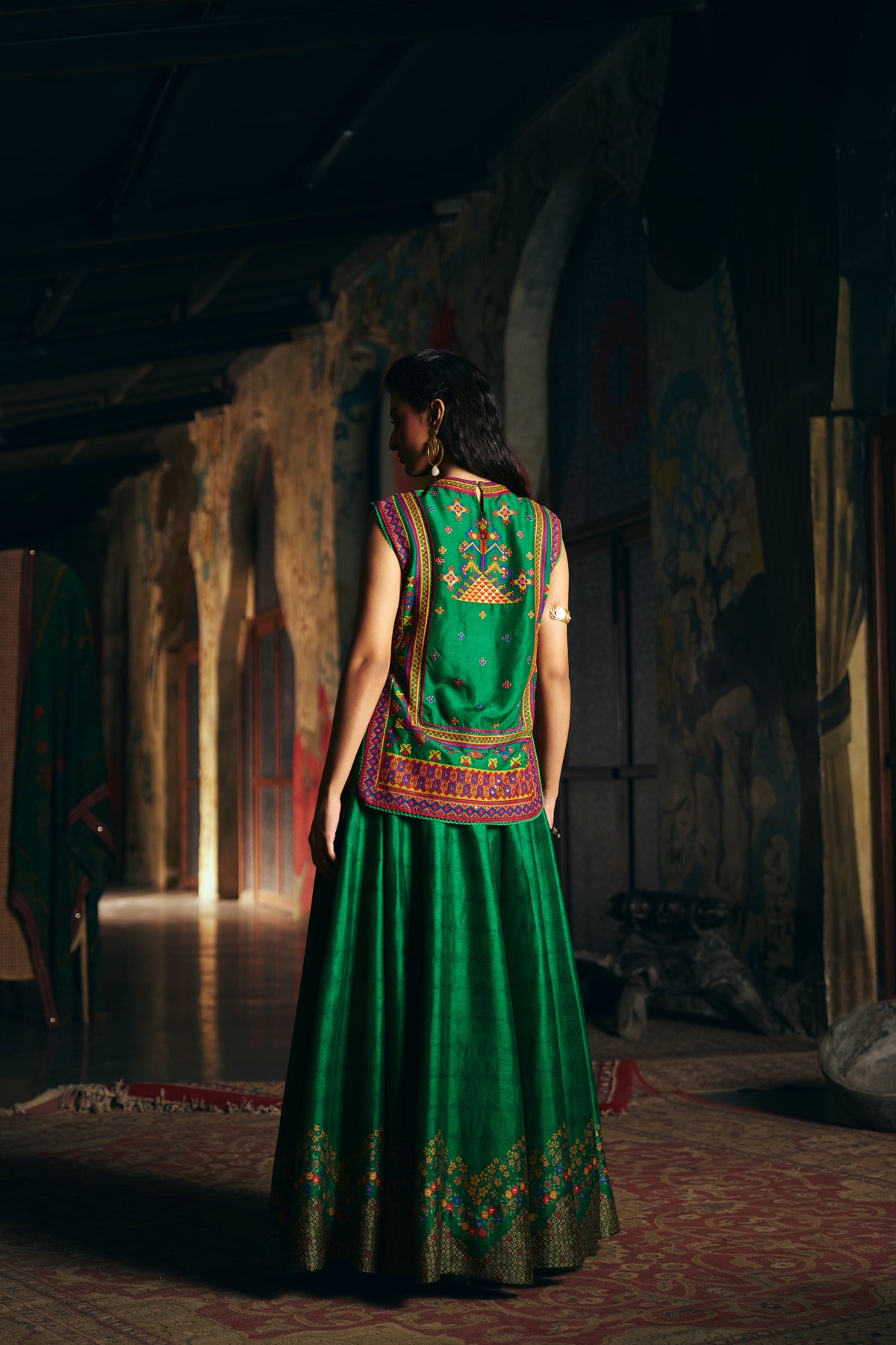 Emerald Green Silk Embroidered Sleeveless Top with Flared Skirt