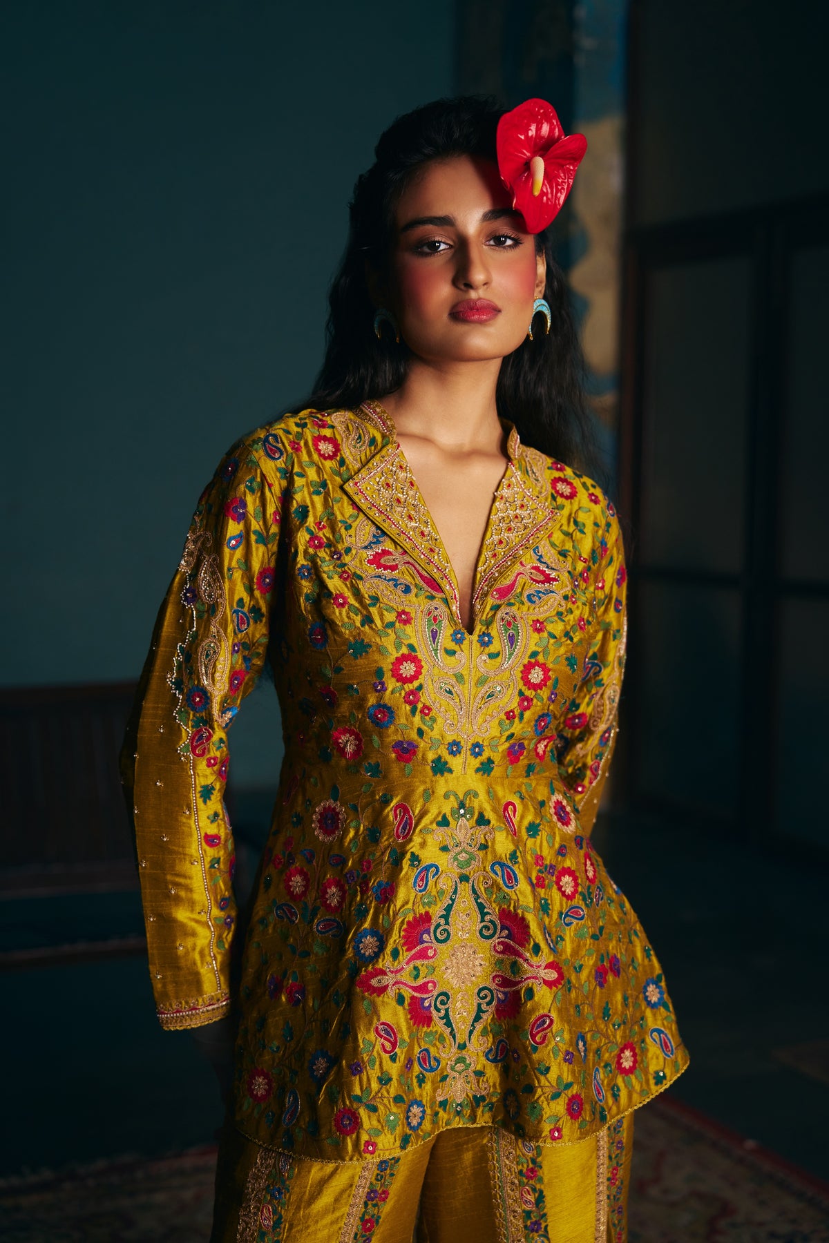 Mustard Gold Silk Embroidered Peplum Jacket Set with Flared Sharara