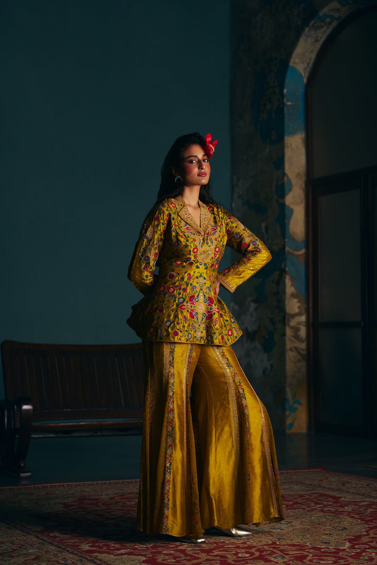 Mustard Gold Silk Embroidered Peplum Jacket Set with Flared Sharara