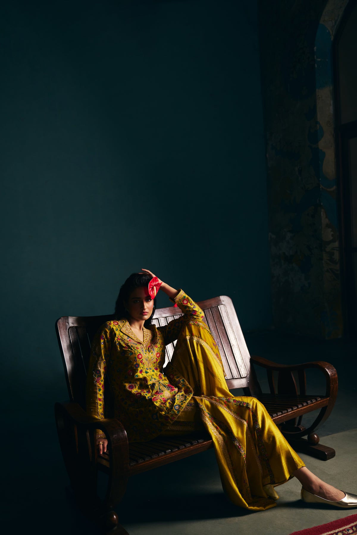 Mustard Gold Silk Embroidered Peplum Jacket Set with Flared Sharara