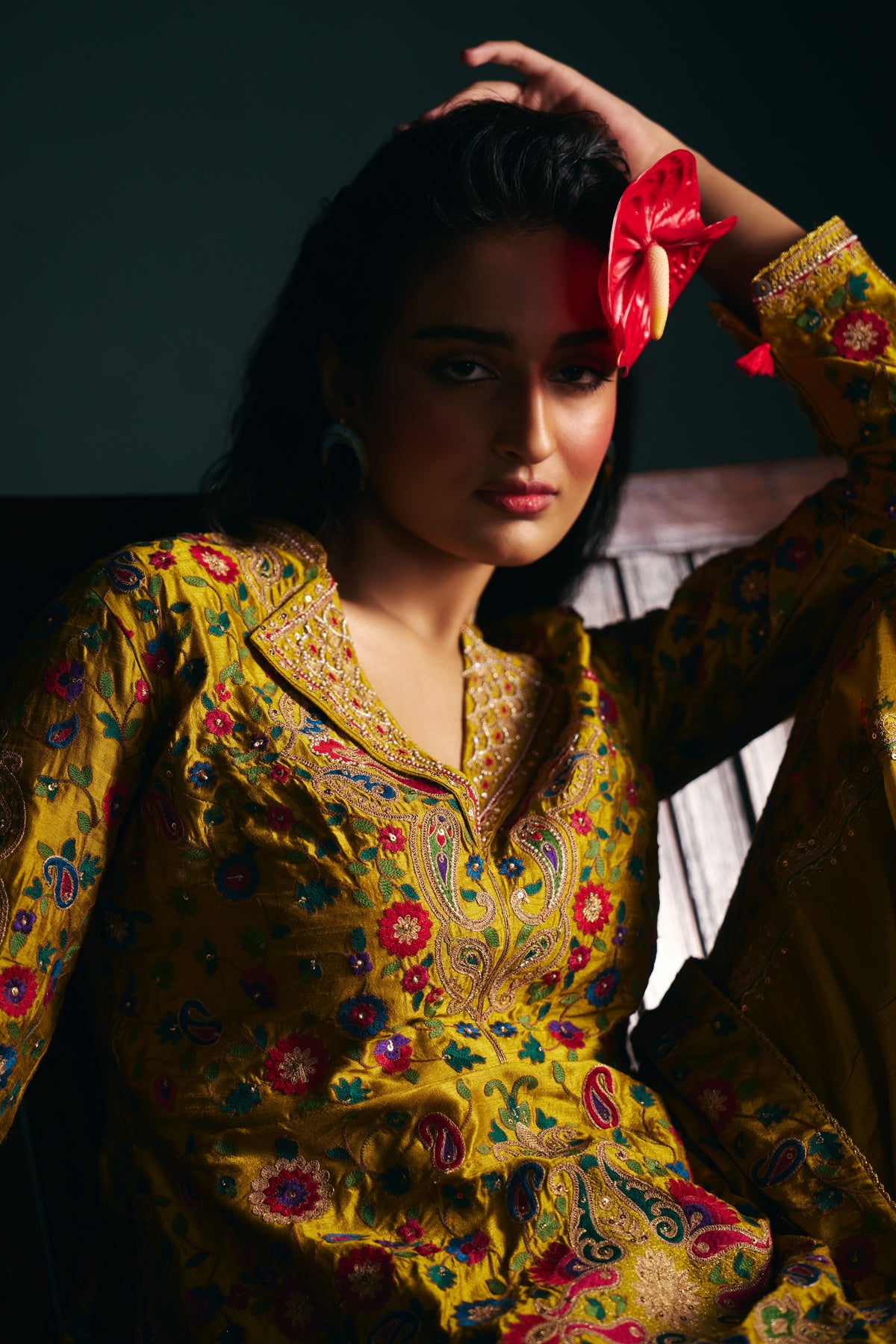 Mustard Gold Silk Embroidered Peplum Jacket Set with Flared Sharara