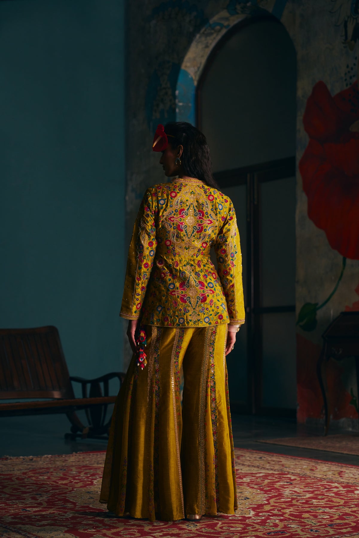 Mustard Gold Silk Embroidered Peplum Jacket Set with Flared Sharara