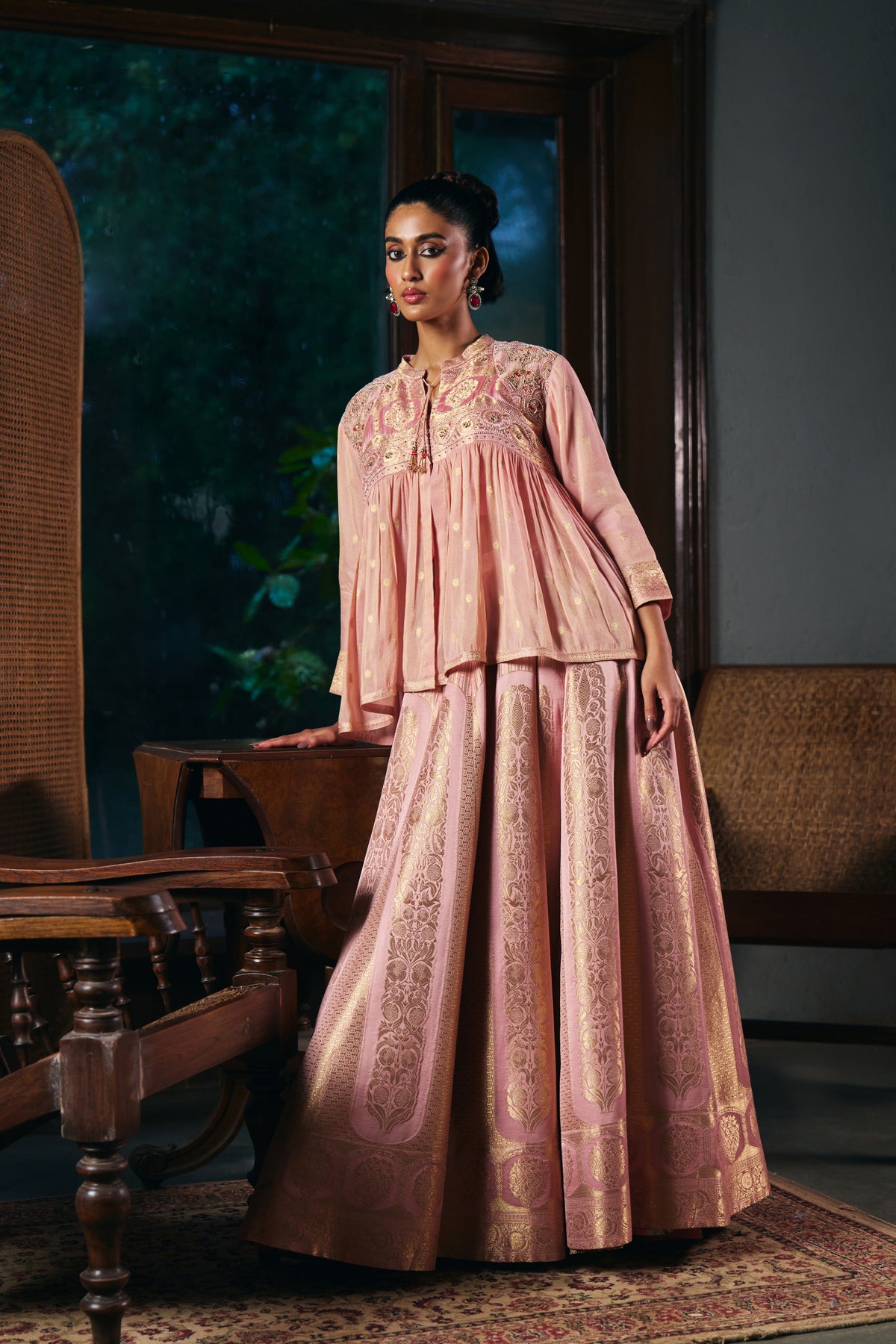 Blush Pink Banarasi Lehenga Set with Embroidered Yoke Peplum Top