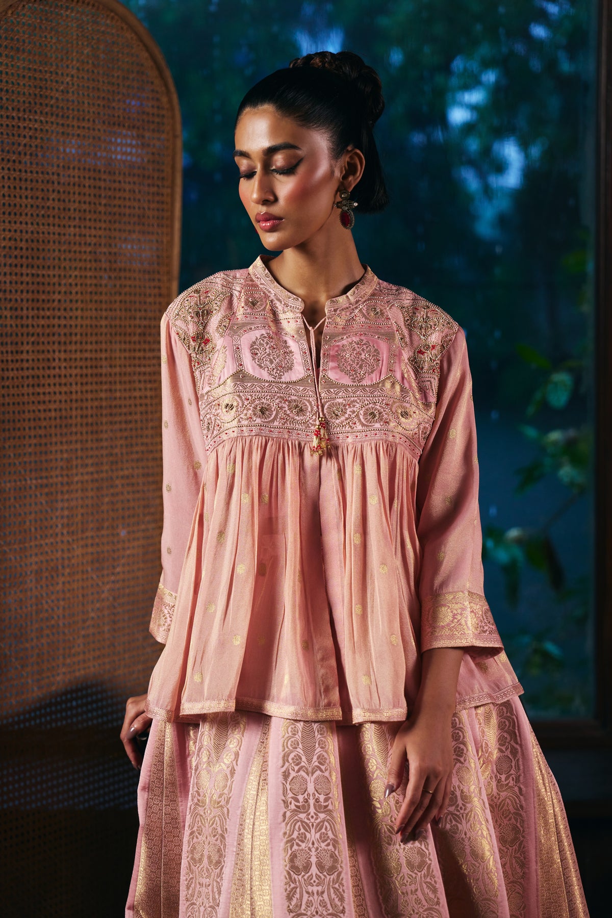 Blush Pink Banarasi Lehenga Set with Embroidered Yoke Peplum Top