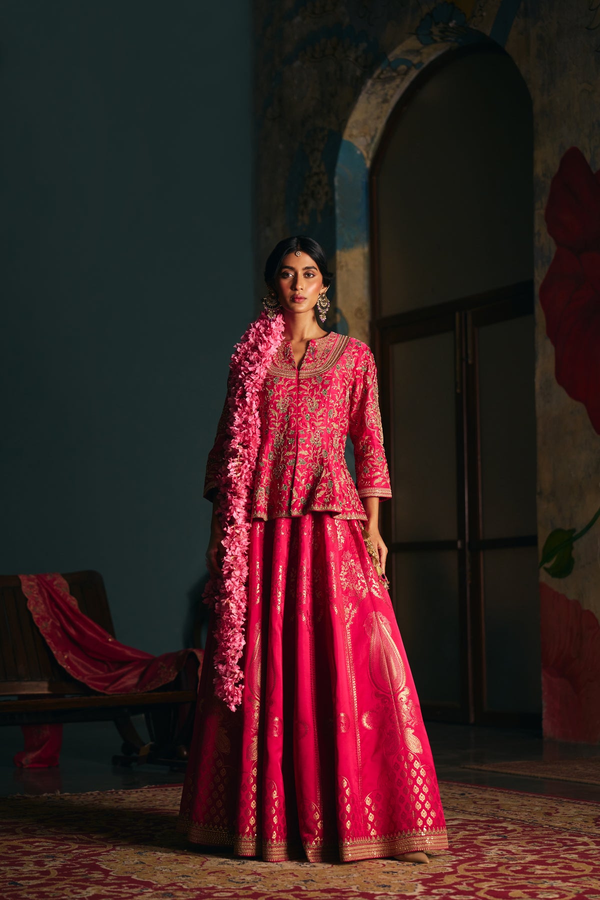 Hot Pink Banarasi Silk Lehenga Set with Zardozi Embroidered Peplum Top