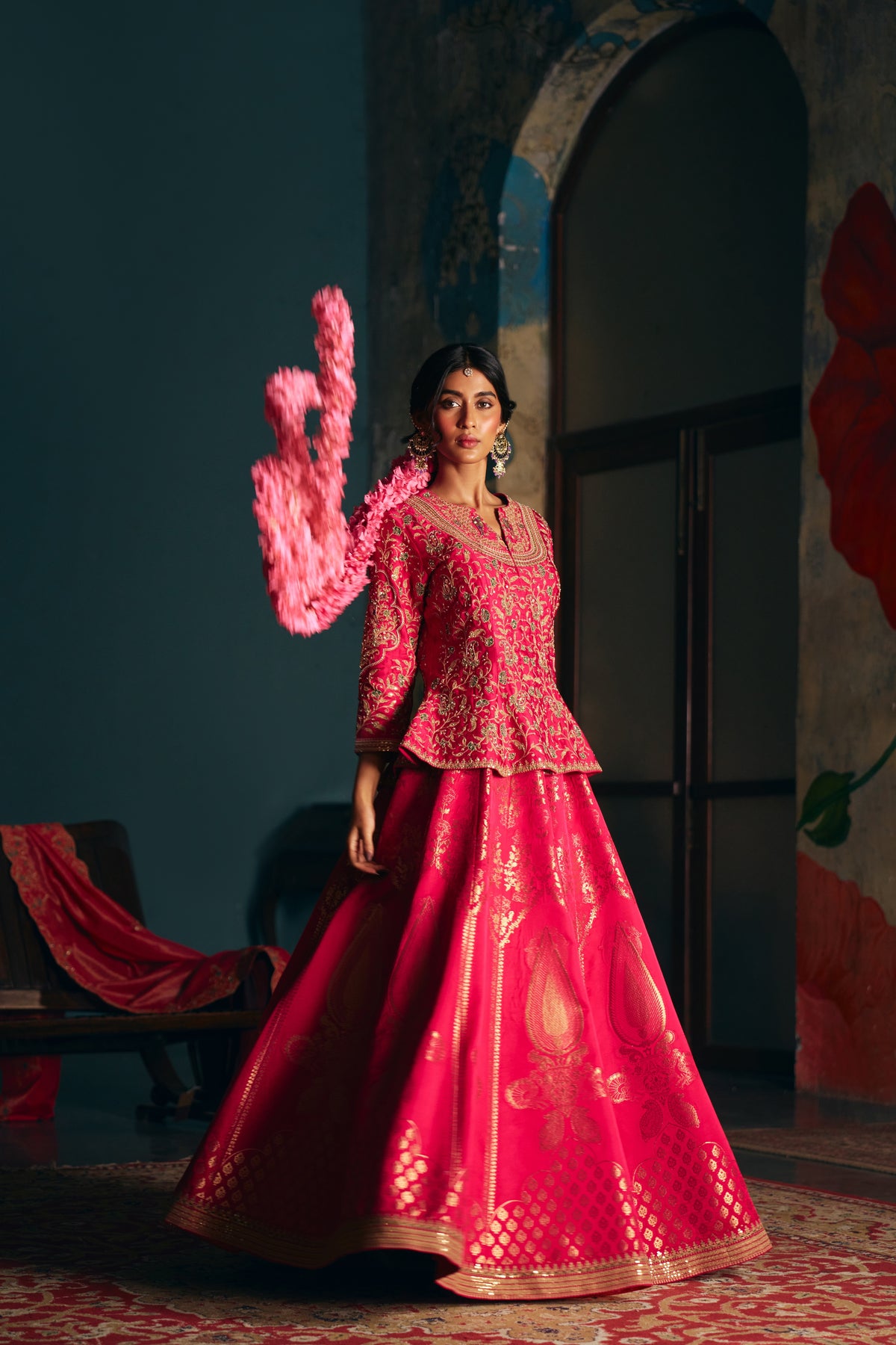 Hot Pink Banarasi Silk Lehenga Set with Zardozi Embroidered Peplum Top
