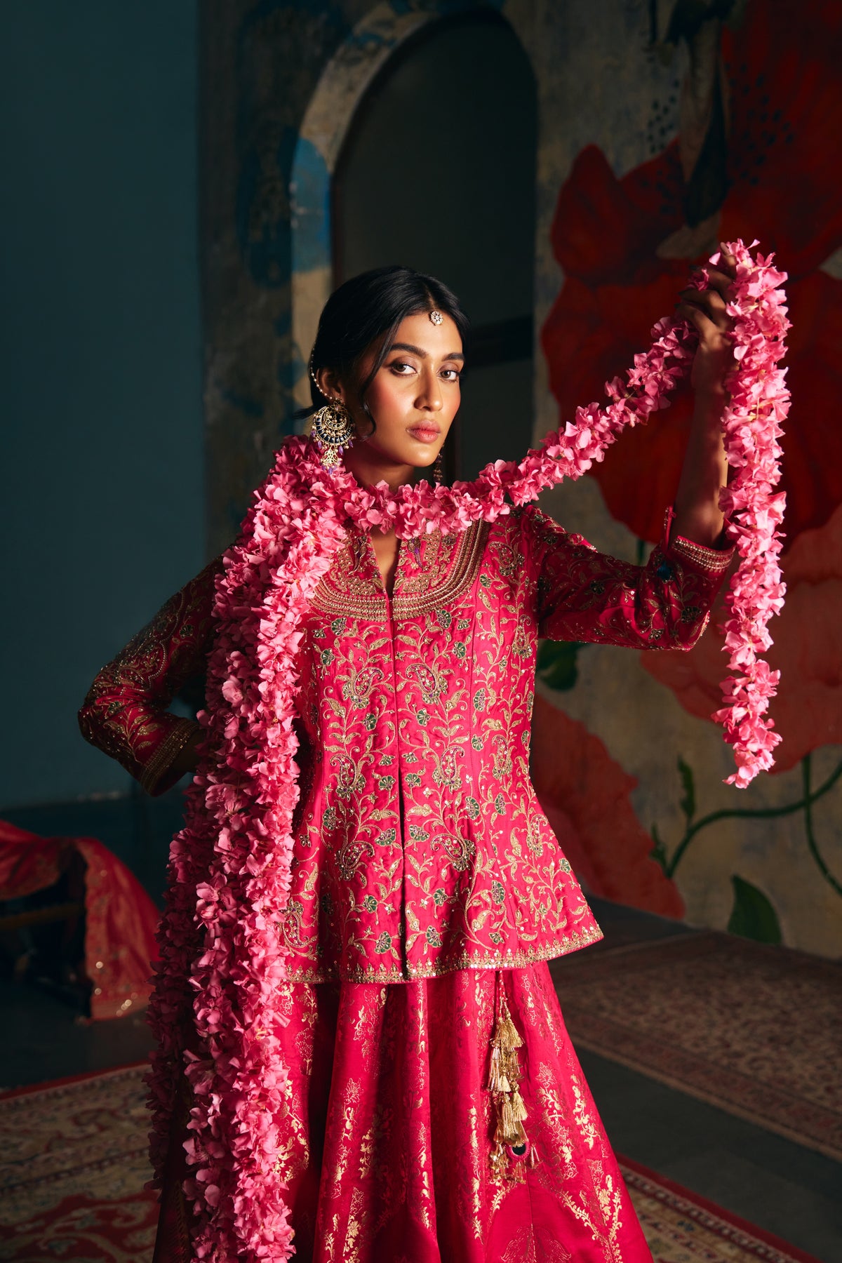 Hot Pink Banarasi Silk Lehenga Set with Zardozi Embroidered Peplum Top