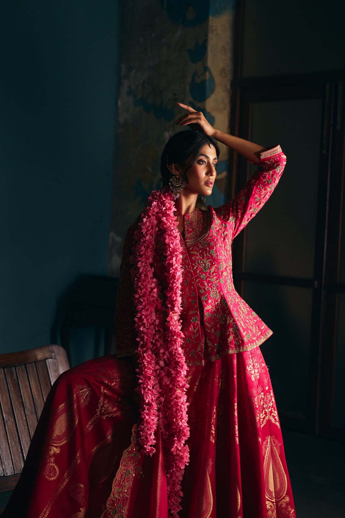 Hot Pink Banarasi Silk Lehenga Set with Zardozi Embroidered Peplum Top