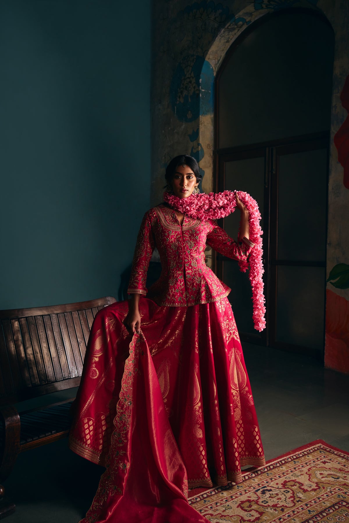 Hot Pink Banarasi Silk Lehenga Set with Zardozi Embroidered Peplum Top