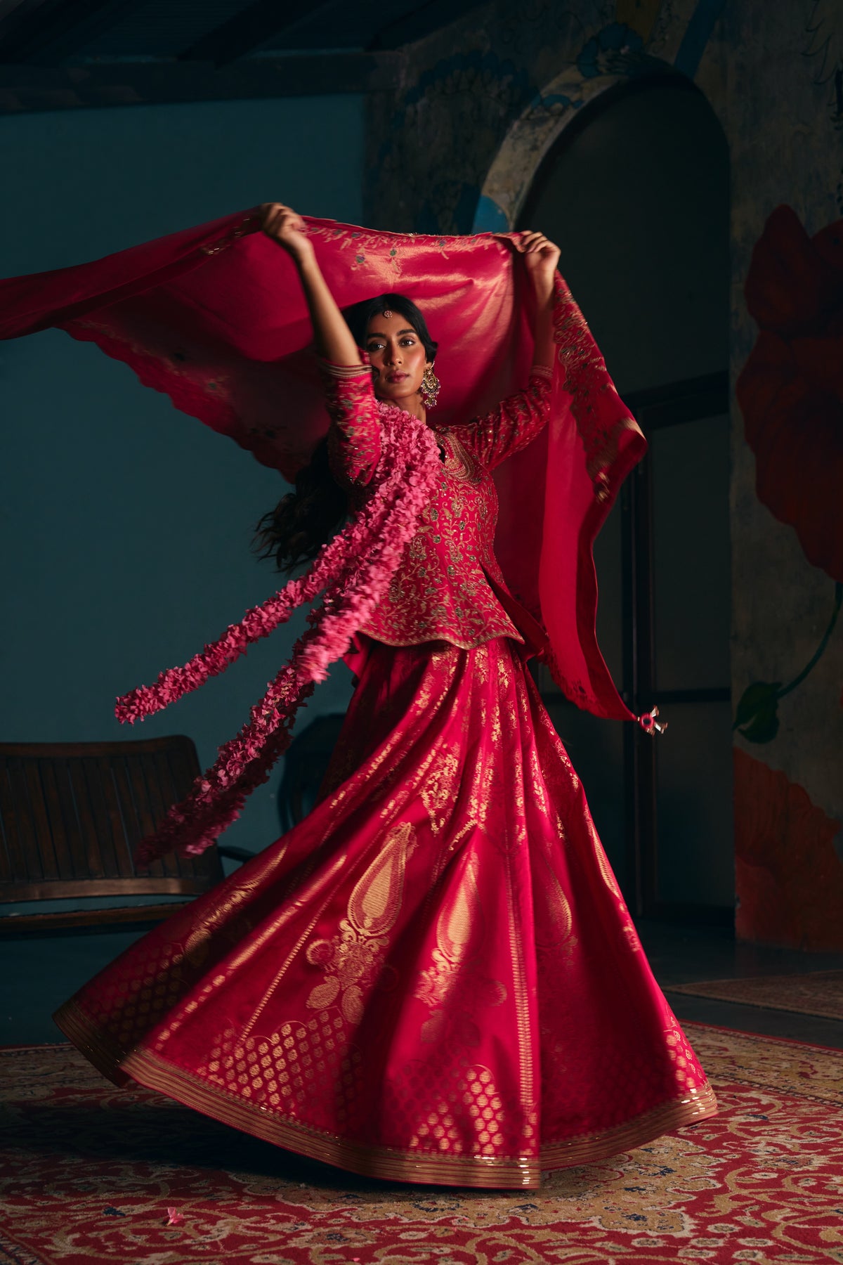 Hot Pink Banarasi Silk Lehenga Set with Zardozi Embroidered Peplum Top