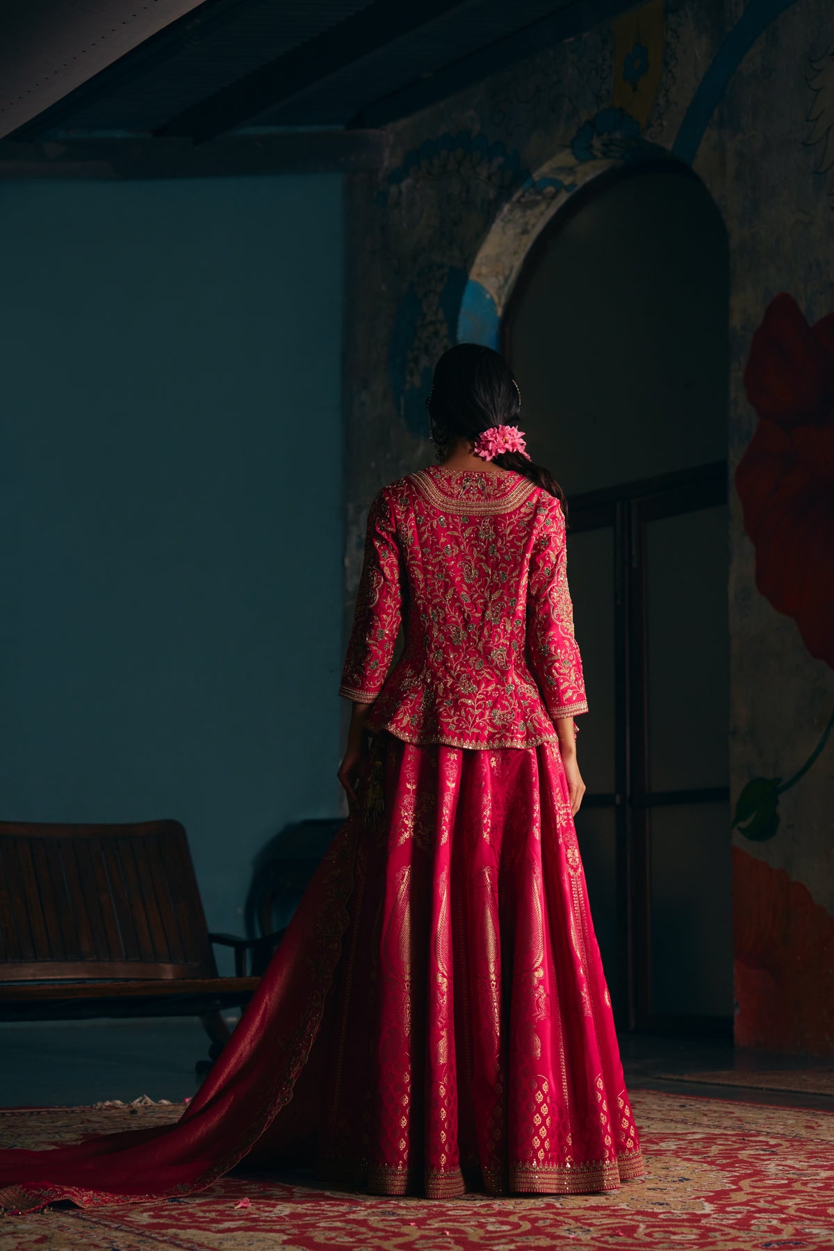 Hot Pink Banarasi Silk Lehenga Set with Zardozi Embroidered Peplum Top
