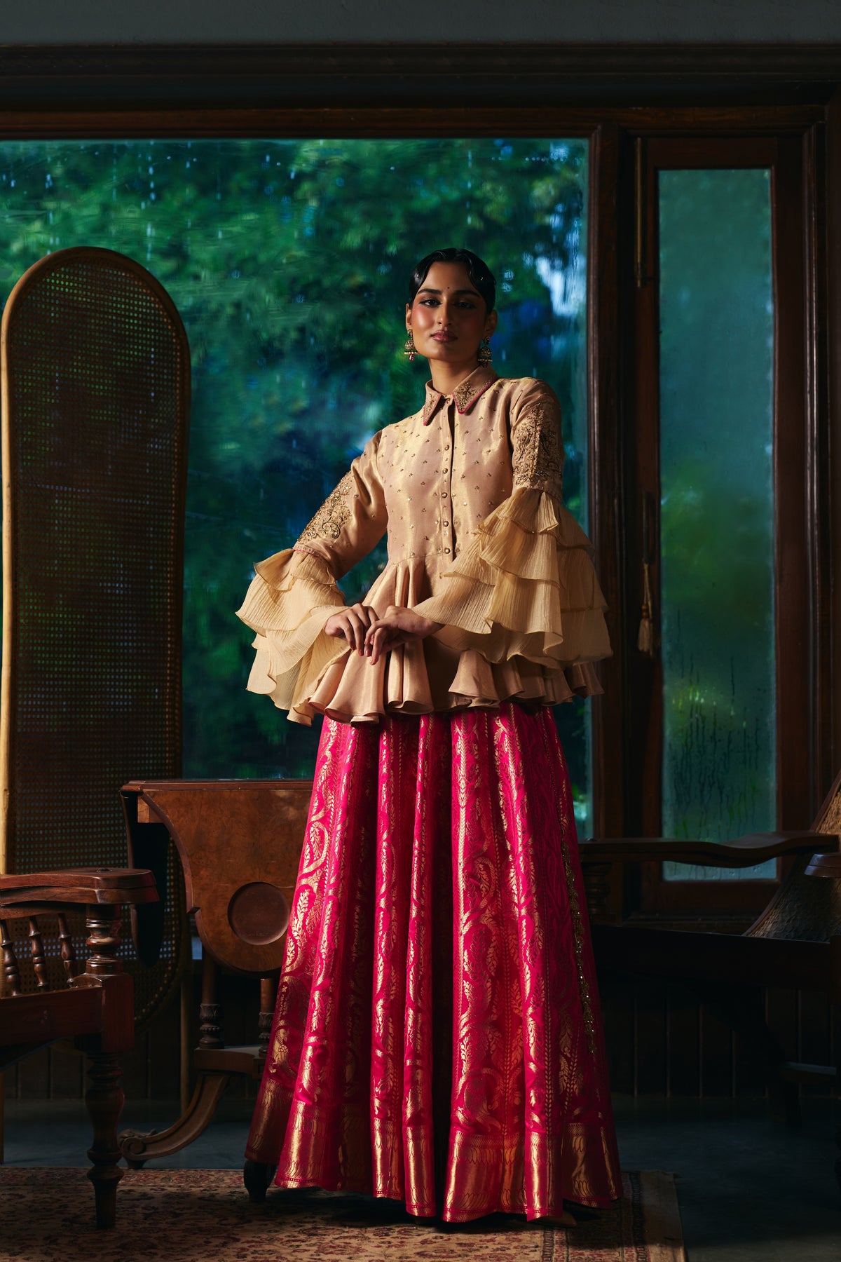 Champagne Gold Tissue Peplum Shirt with Magenta Banarasi Lehenga