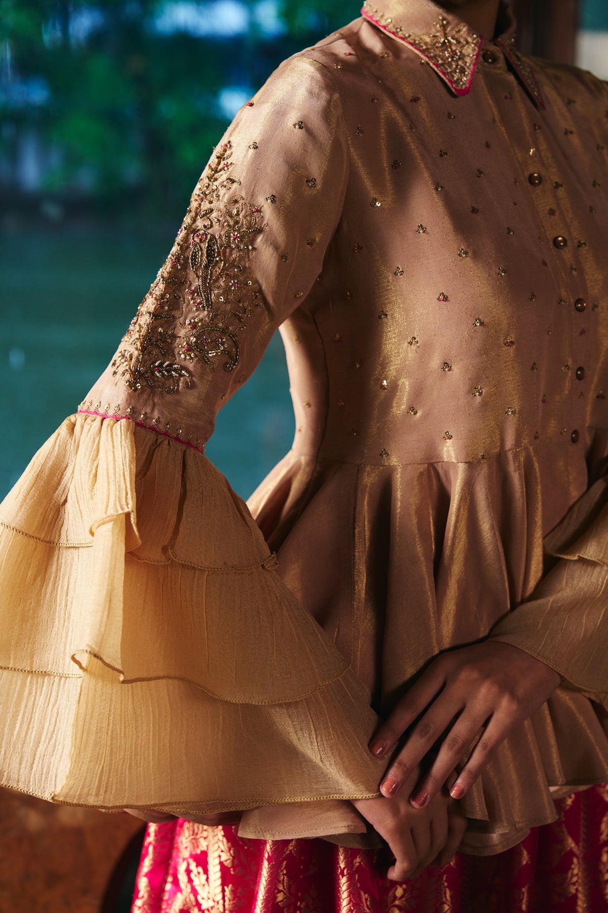 Champagne Gold Tissue Peplum Shirt with Magenta Banarasi Lehenga