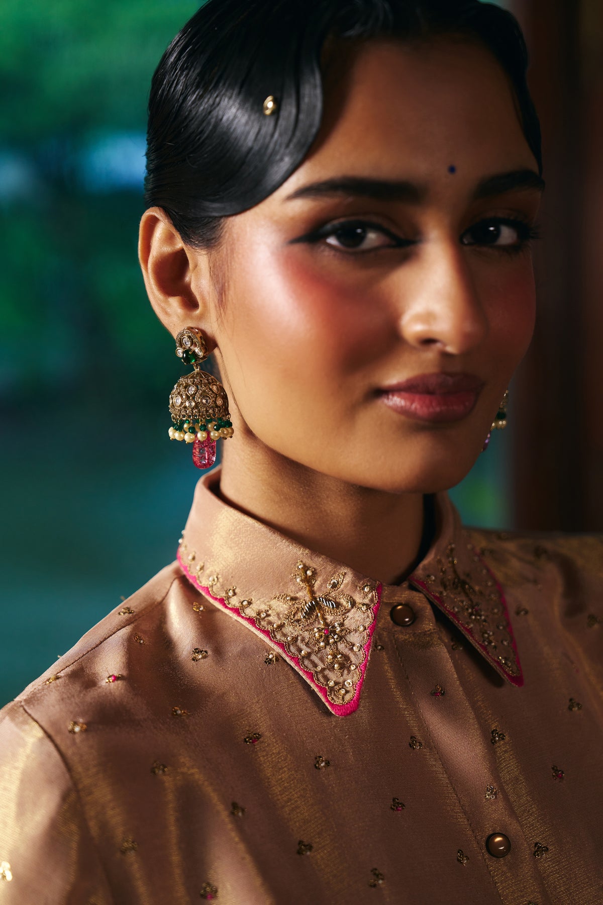 Champagne Gold Tissue Peplum Shirt with Magenta Banarasi Lehenga