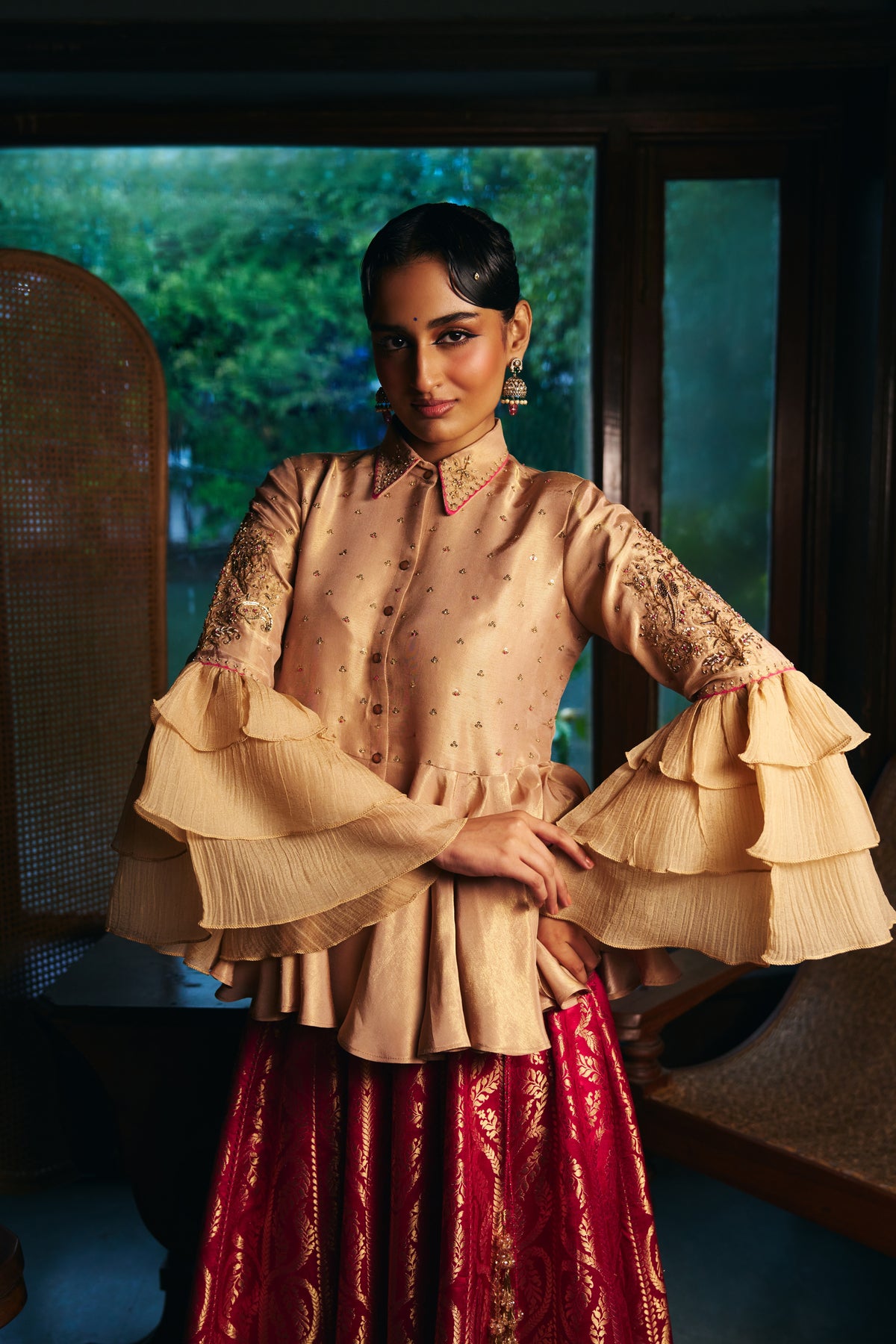 Champagne Gold Tissue Peplum Shirt with Magenta Banarasi Lehenga