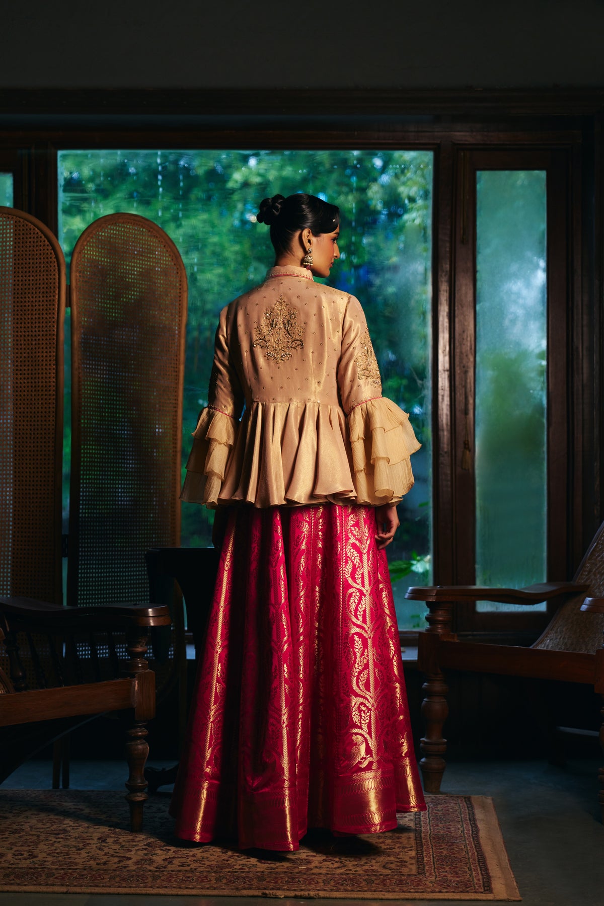 Champagne Gold Tissue Peplum Shirt with Magenta Banarasi Lehenga