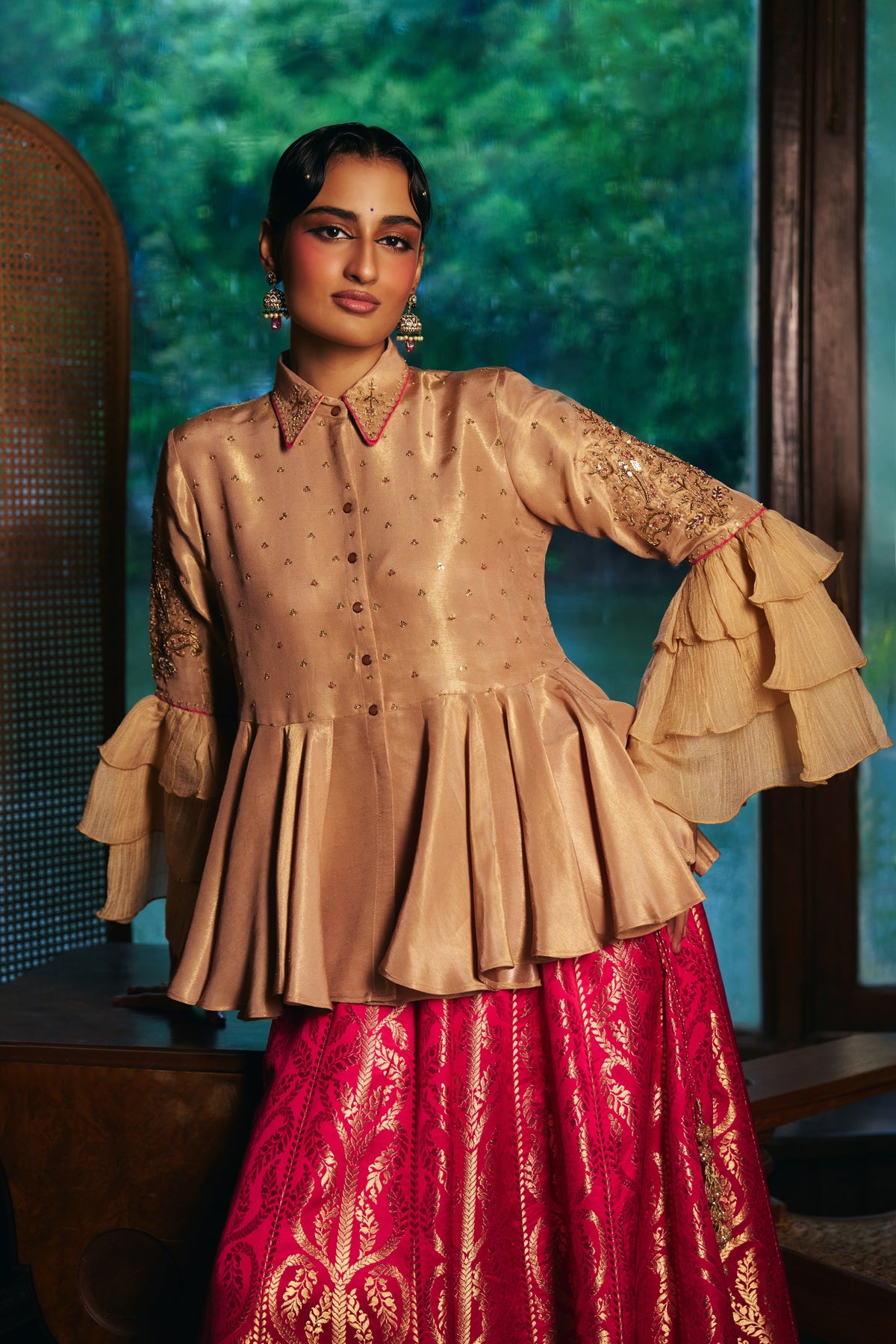 Champagne Gold Tissue Peplum Shirt with Magenta Banarasi Lehenga