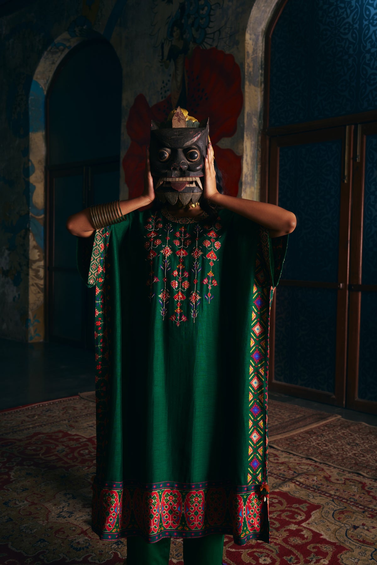Emerald Green Silk Kaftan Kurta Set with Patola Print Border and Pants